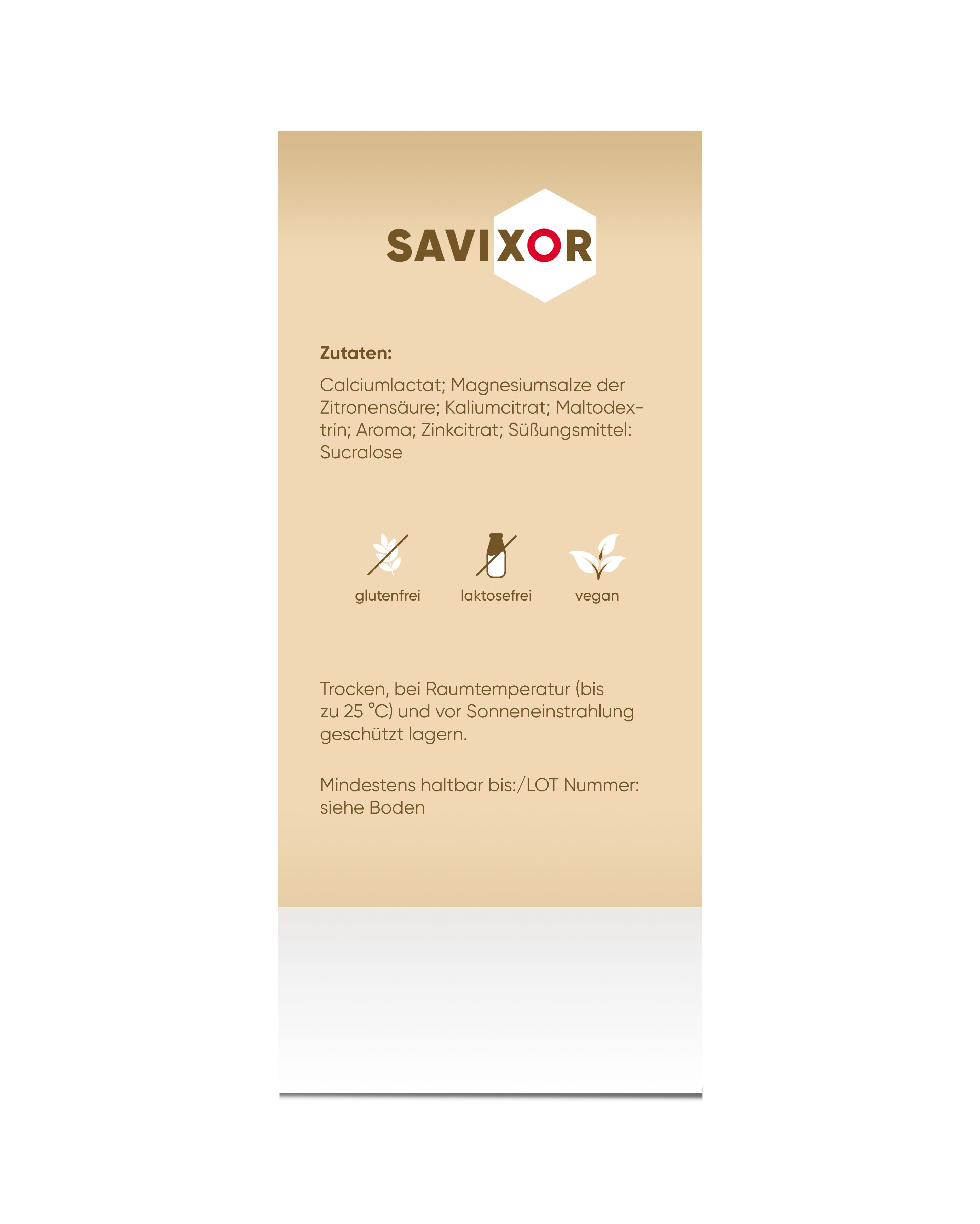 Beige Verpackung mit Text. Enthält Zutatenliste und Symbole für glutenfrei, laktosefrei, vegan. Marke: Savixor.