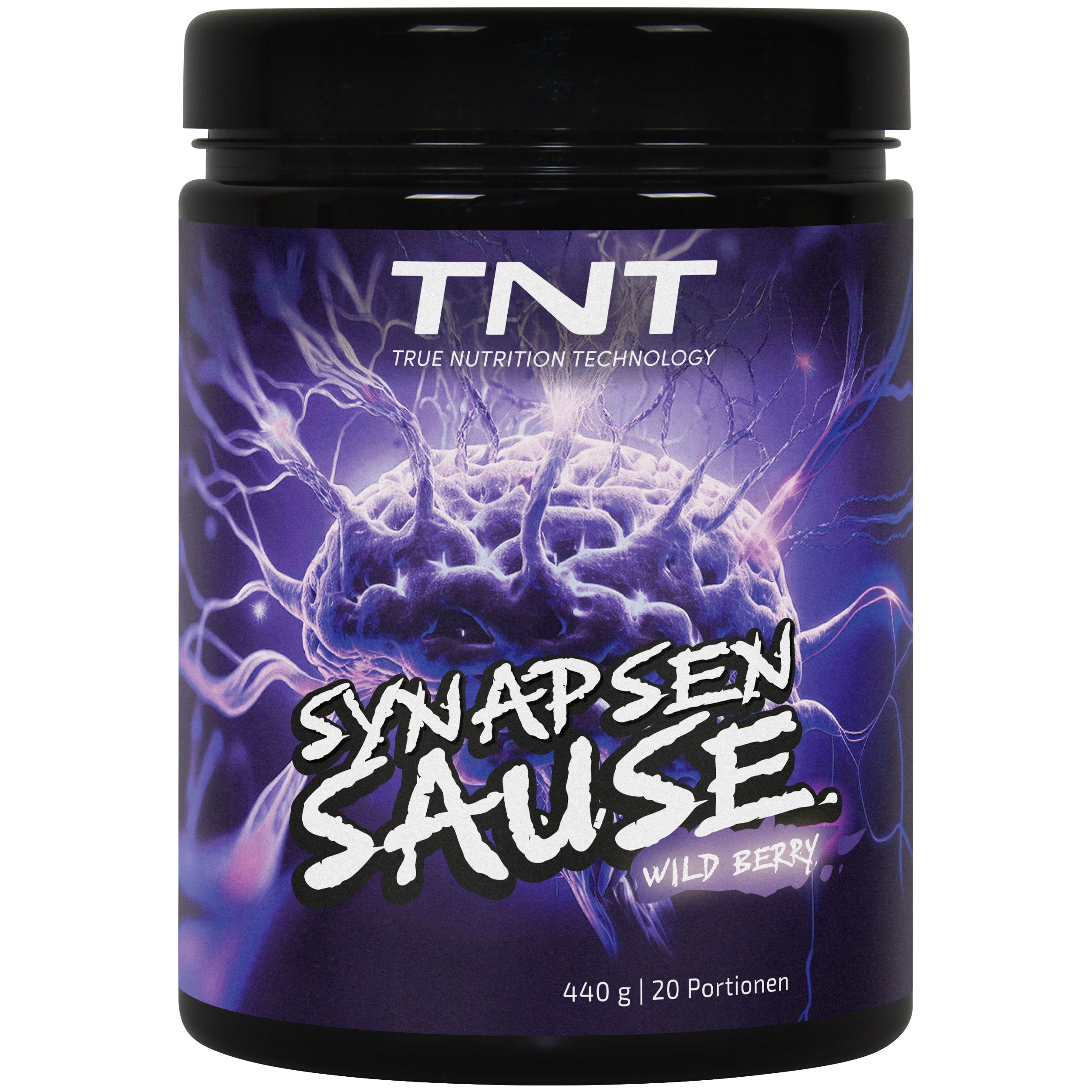 Schwarzes TNT-Produkt Synapsensause, Wild Berry, 440g, 20 Portionen. Lila Hintergrund mit Gehirn-Illustration.