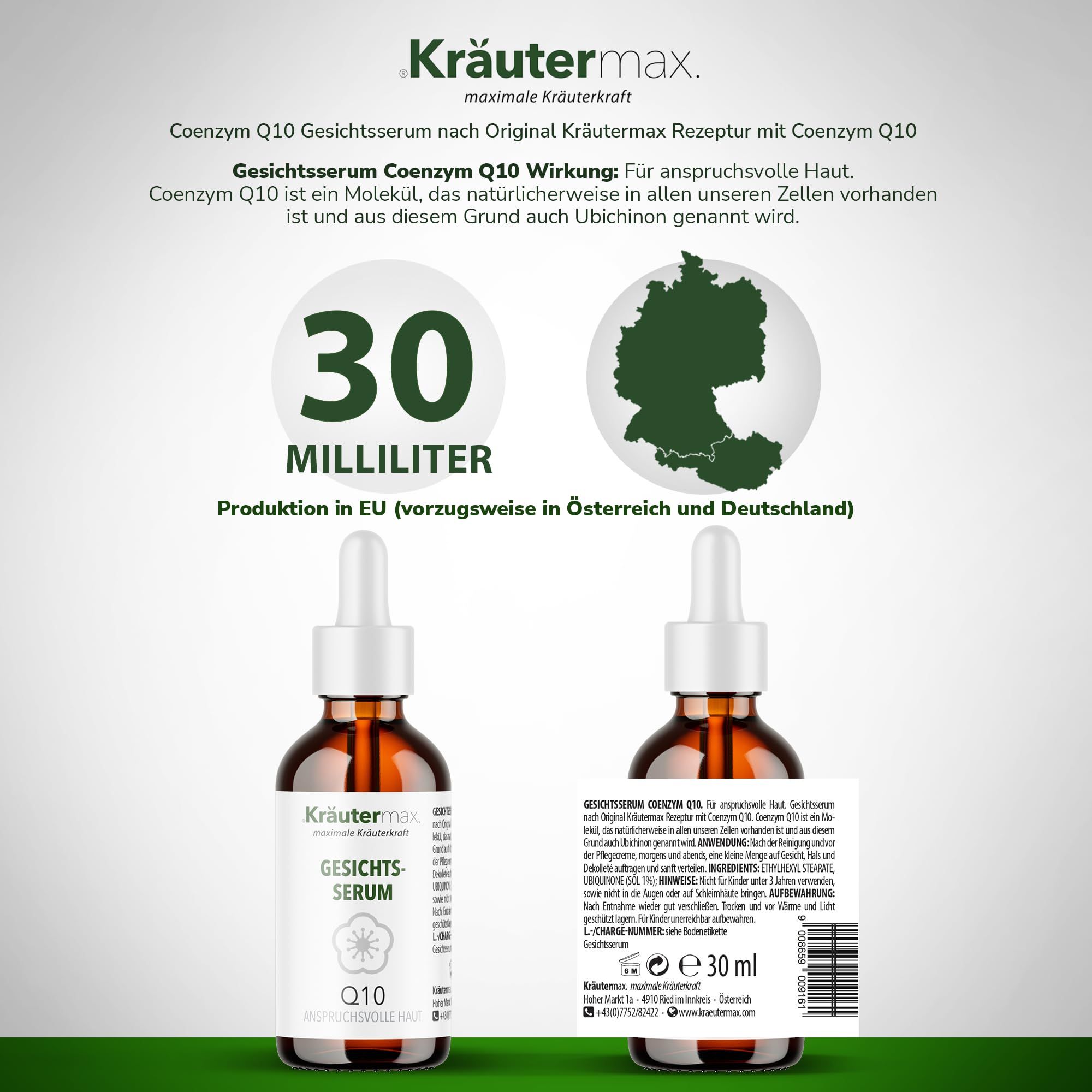 Produktflasche mit Etikett, 30 ml. Text: Gesichtsserum, Q10. Kräutermax Logo. Rückseite mit Inhaltsangaben. Karte von Deutschland.