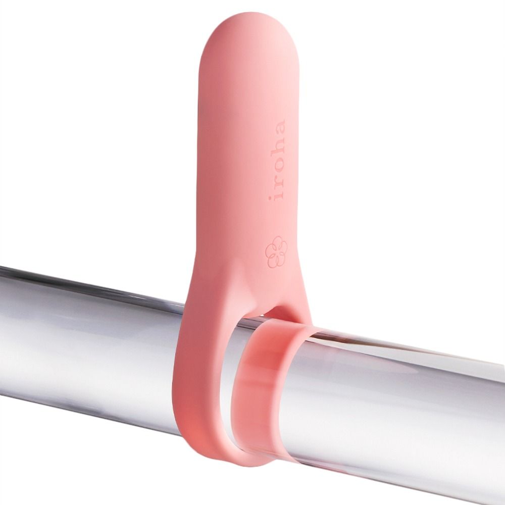 Rosa Vibrator mit Ring, auf transparentem Stab. Marke iroha.