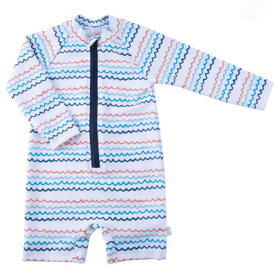 UV-Schutzkleidung Overall mit Wellenmuster. Weiß mit blauen, roten und türkisen Wellen. Reißverschluss vorne. Langärmlig, kurze Beine.