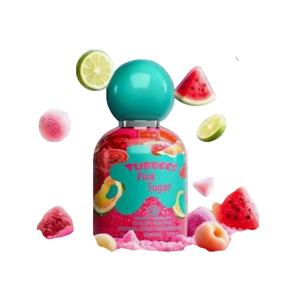 Pinkfarbene Flasche mit türkisfarbenem Deckel. Aufschrift: TUBBEES Pink Sugar. Fruchtstücke umgeben die Flasche.