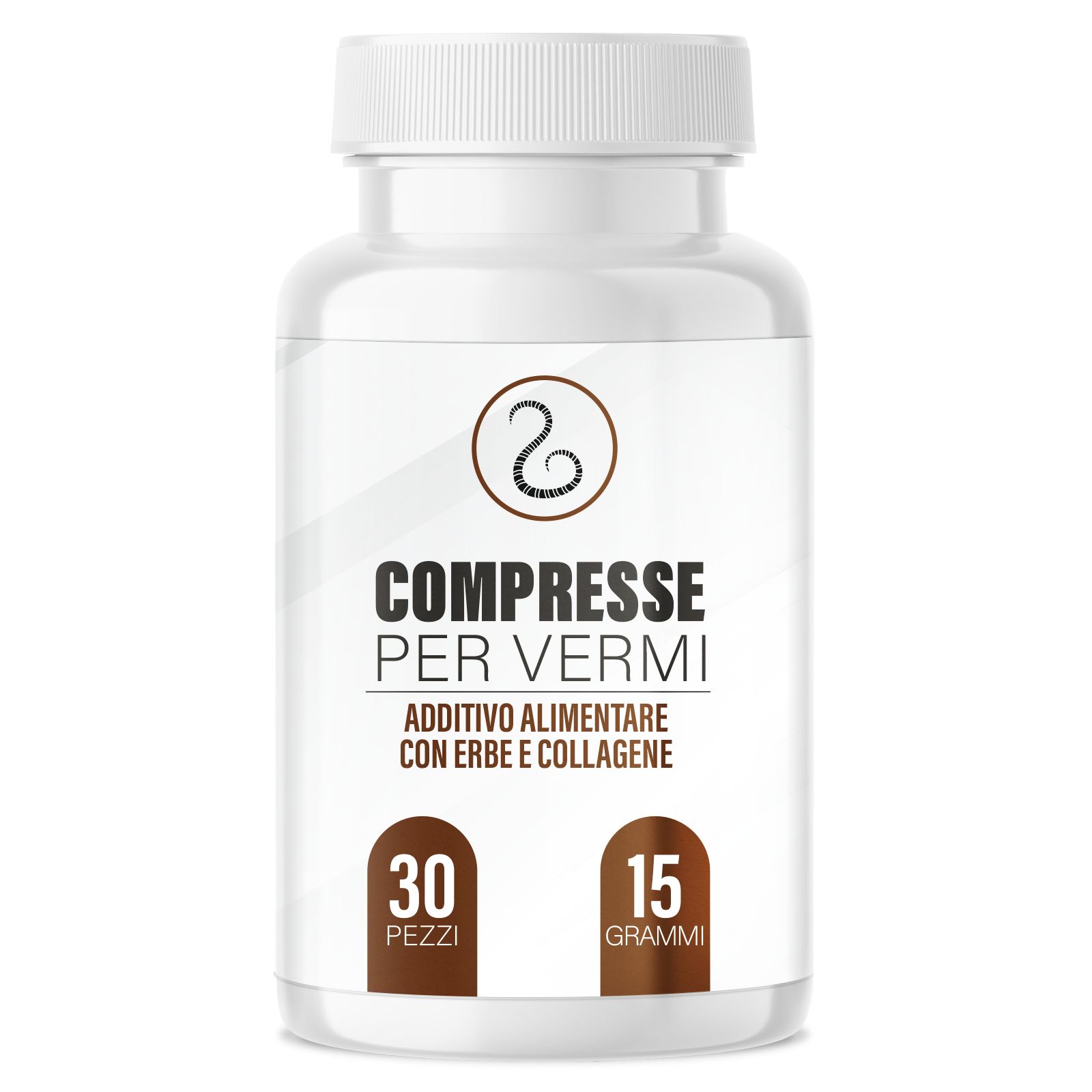 Flacone bianco con compresse. Scritta: COMPRESSE PER VERMI, 30 pezzi, 15 g. Integratore alimentare con erbe e collagene.