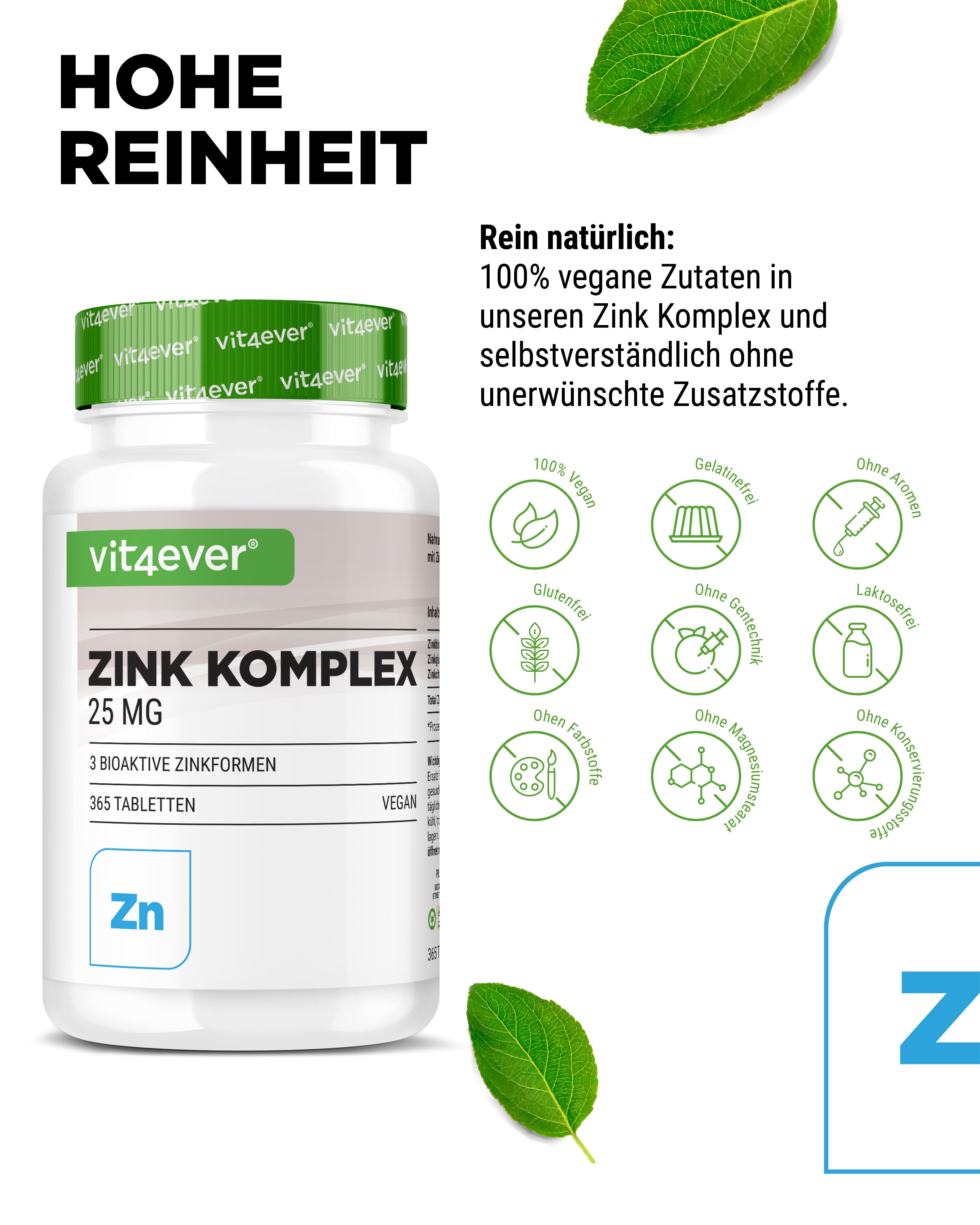 Weiße Flasche mit grünem Deckel. Aufschrift: Zink Komplex 25 mg. Text: Hohe Reinheit. Symbole: vegan, glutenfrei, ohne Aromen.