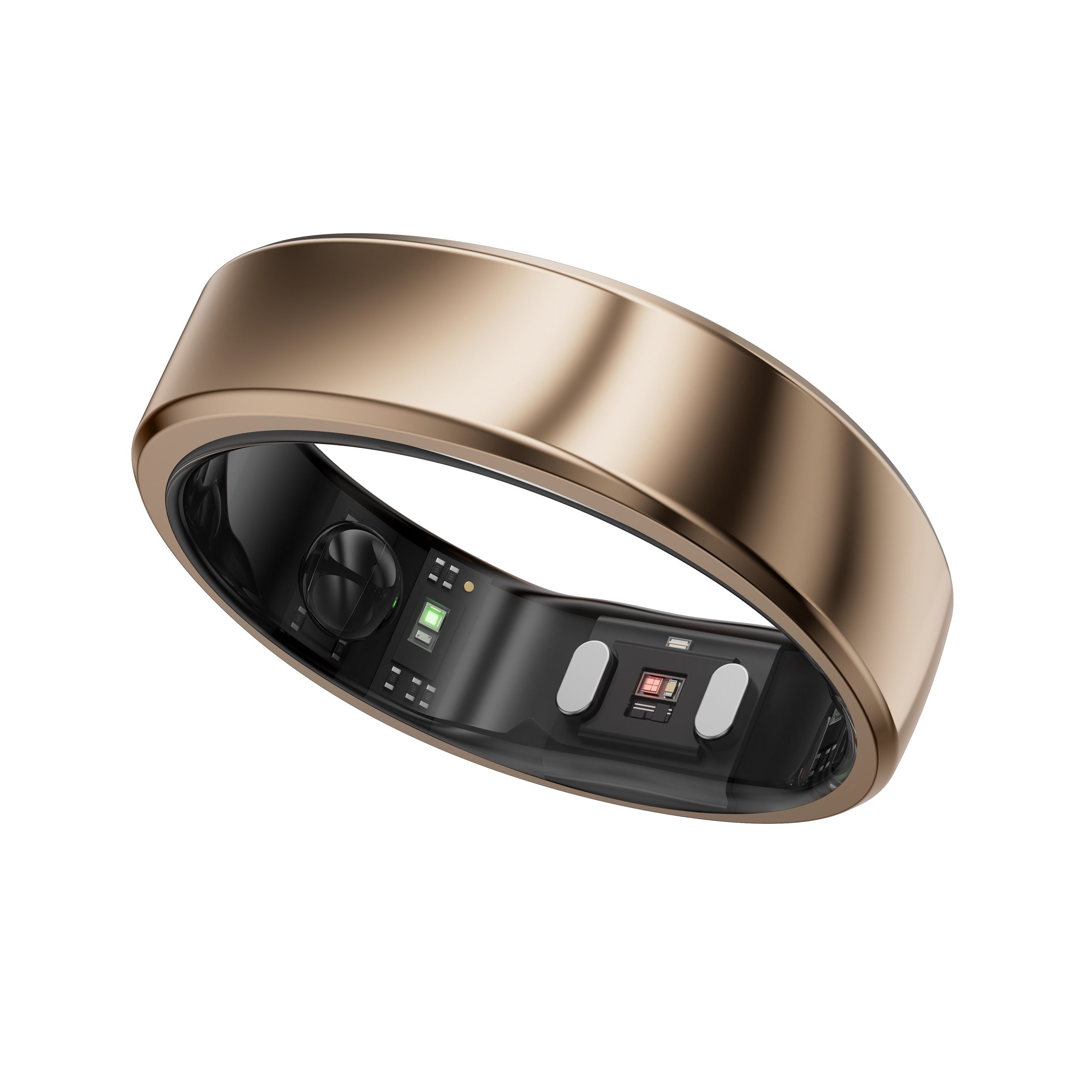Goldfarbener Ring mit schwarzem Innenbereich. Enthält Sensoren und LEDs. Glänzende Oberfläche.