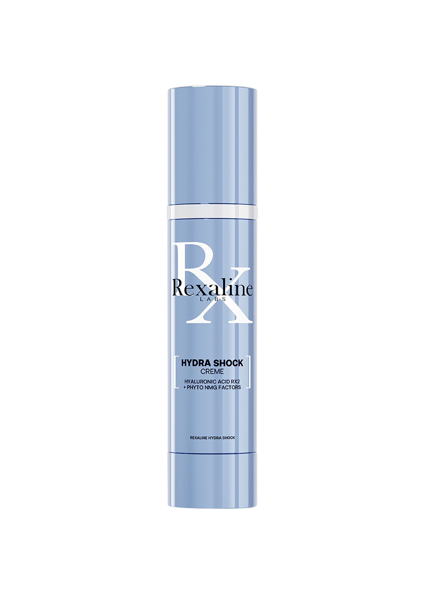 Hellblaue Rexaline Hydra Shock Creme-Flasche. Weißer Schriftzug: Rexaline Labs, Hydra Shock Creme, Hyaluronsäure, Phyto NMF Faktoren.