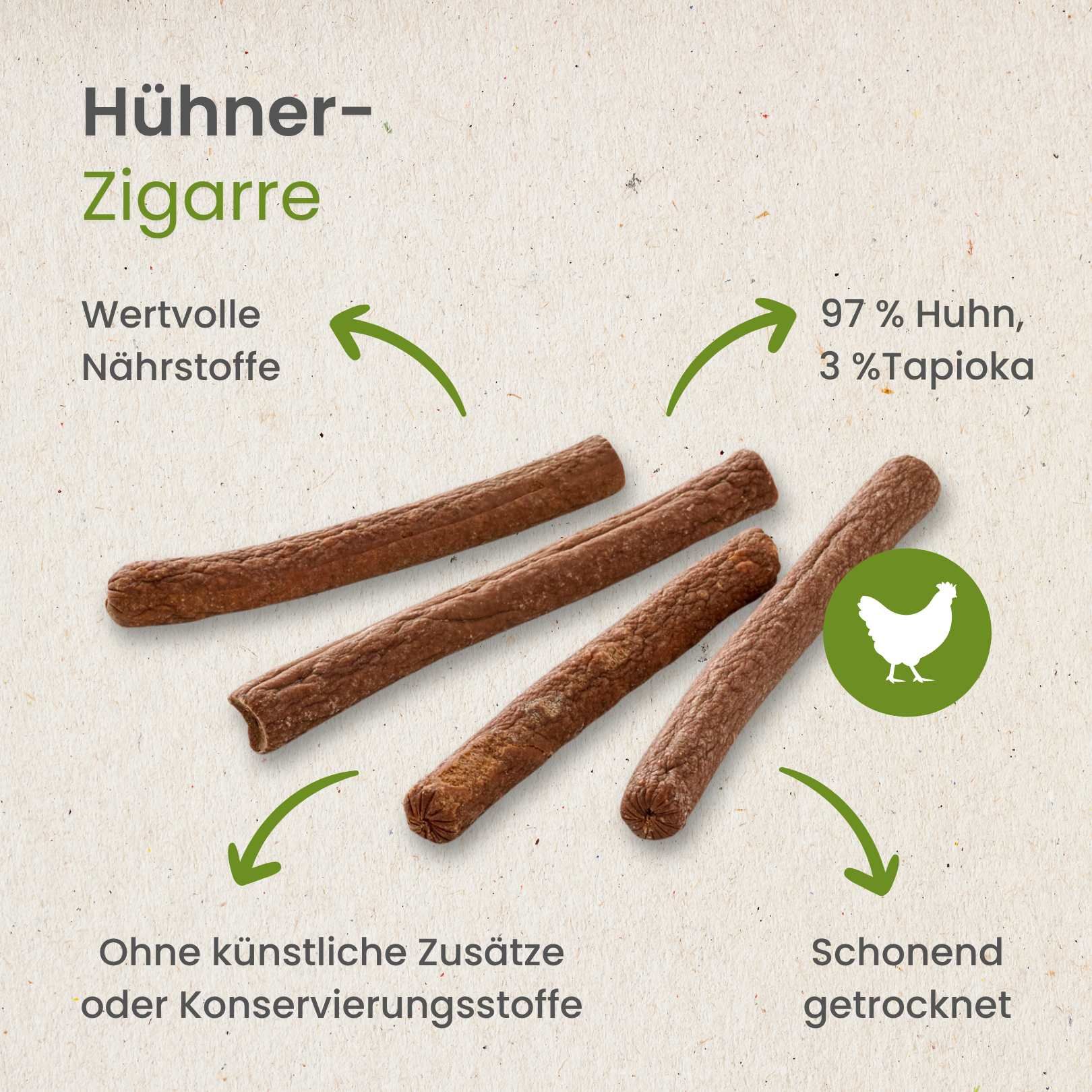 Hühner-Zigarren: 97% Huhn, 3% Tapioka, schonend getrocknet, ohne künstliche Zusätze.