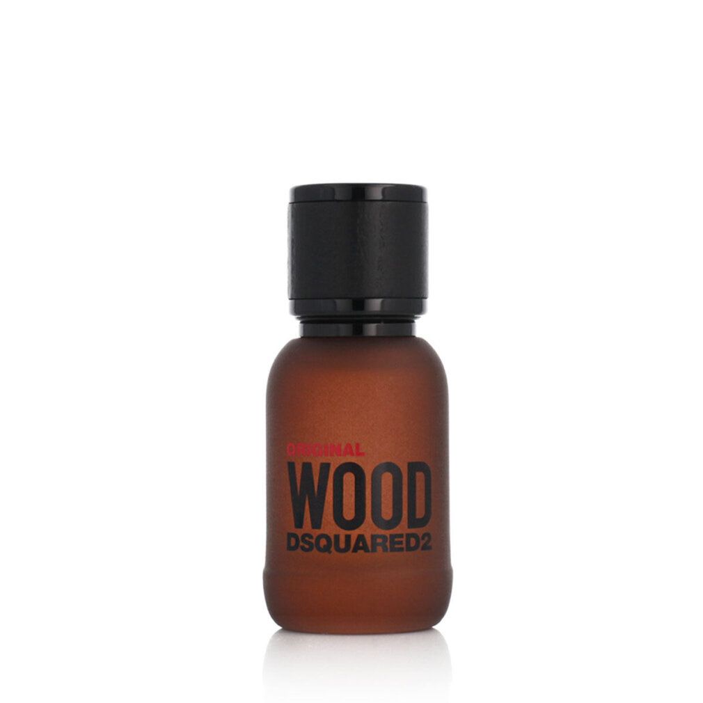 Dsquared2 Wood Original Eau de Parfum Flakon mit schwarzem Deckel.