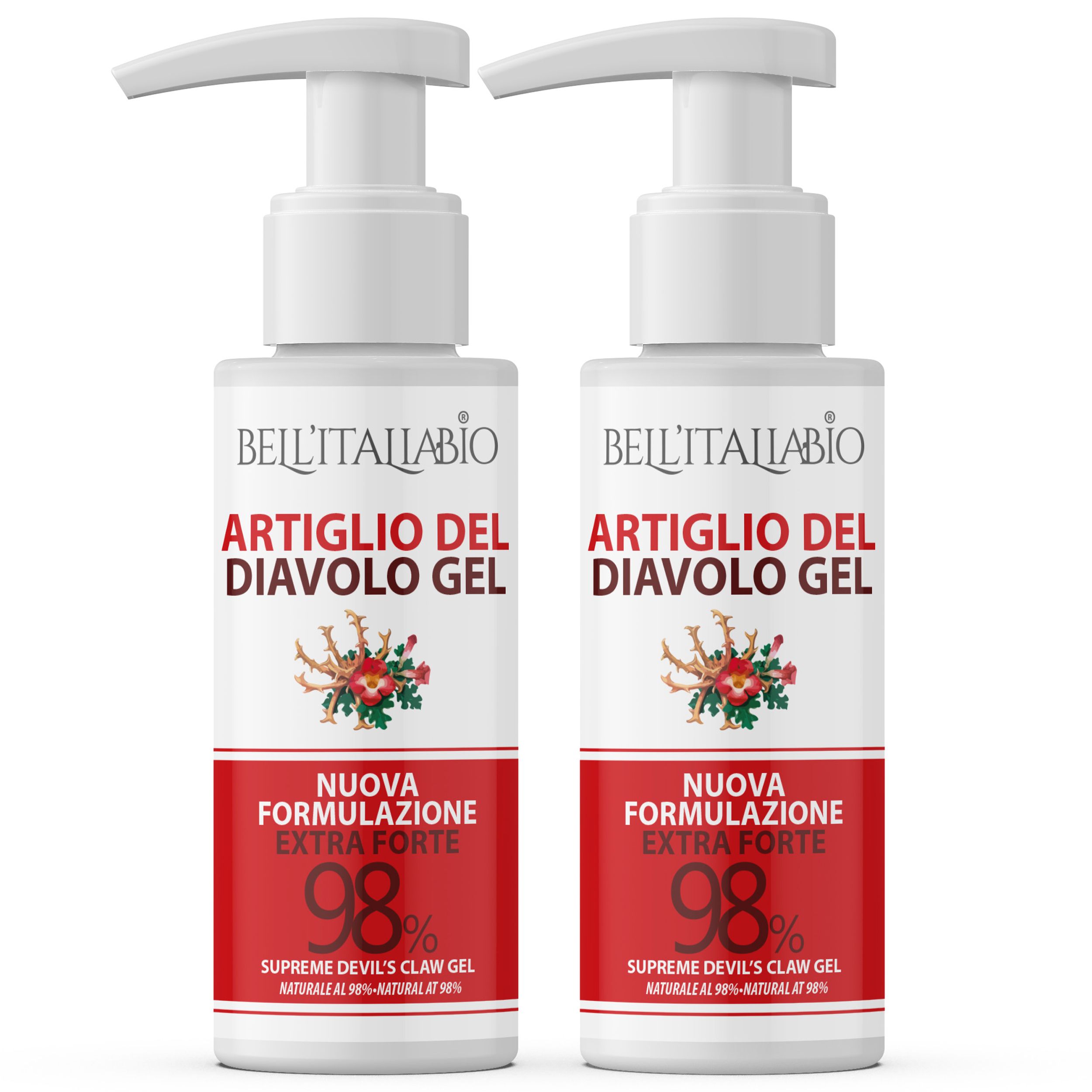 Zwei weiße Flaschen mit Pumpverschluss. Aufschrift: Bell'Italiabio, Artiglio del Diavolo Gel, 98%. Rote Etiketten.