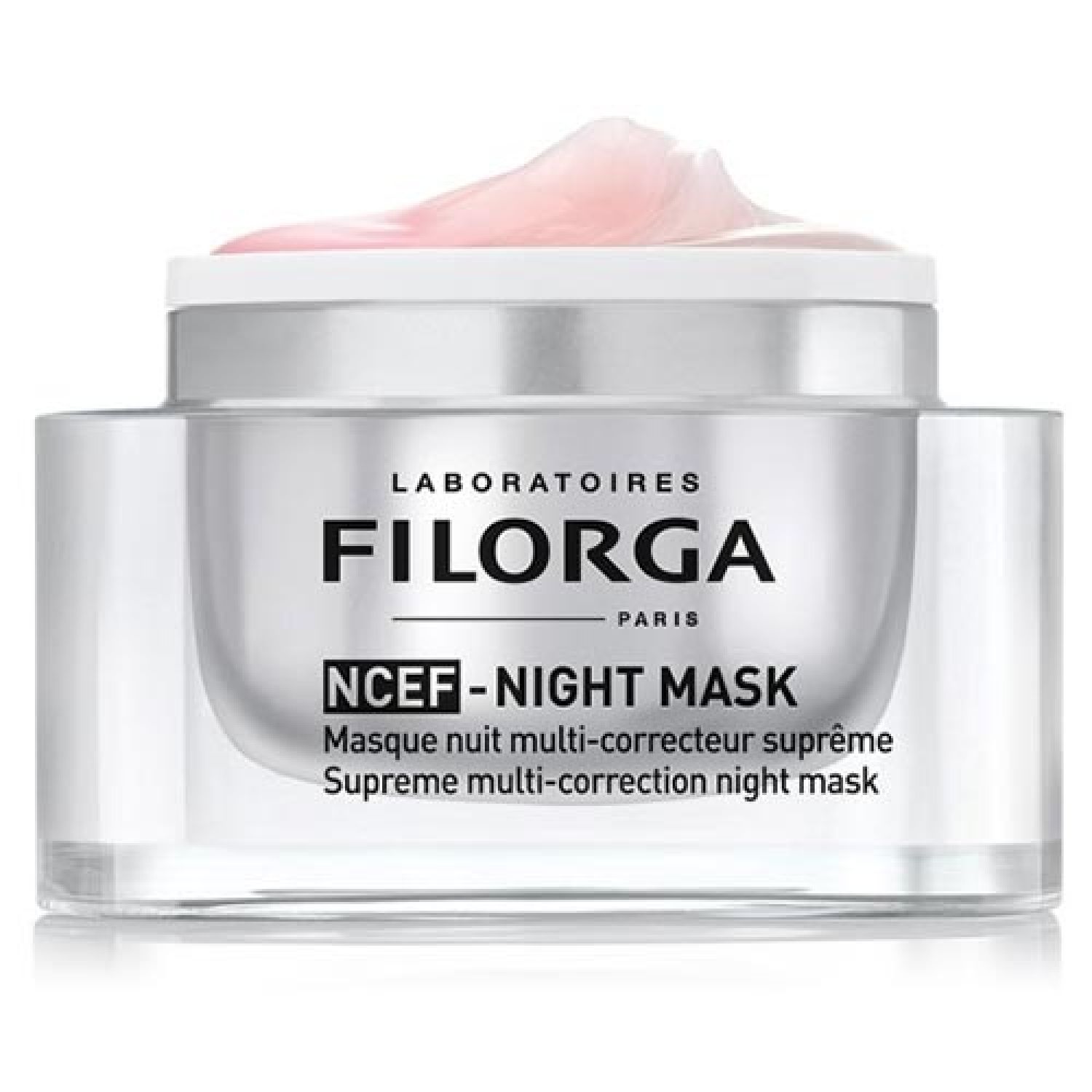Tiegel mit rosa Creme. Aufschrift: FILORGA, NCEF-NIGHT MASK. Französische und englische Produktbezeichnungen.