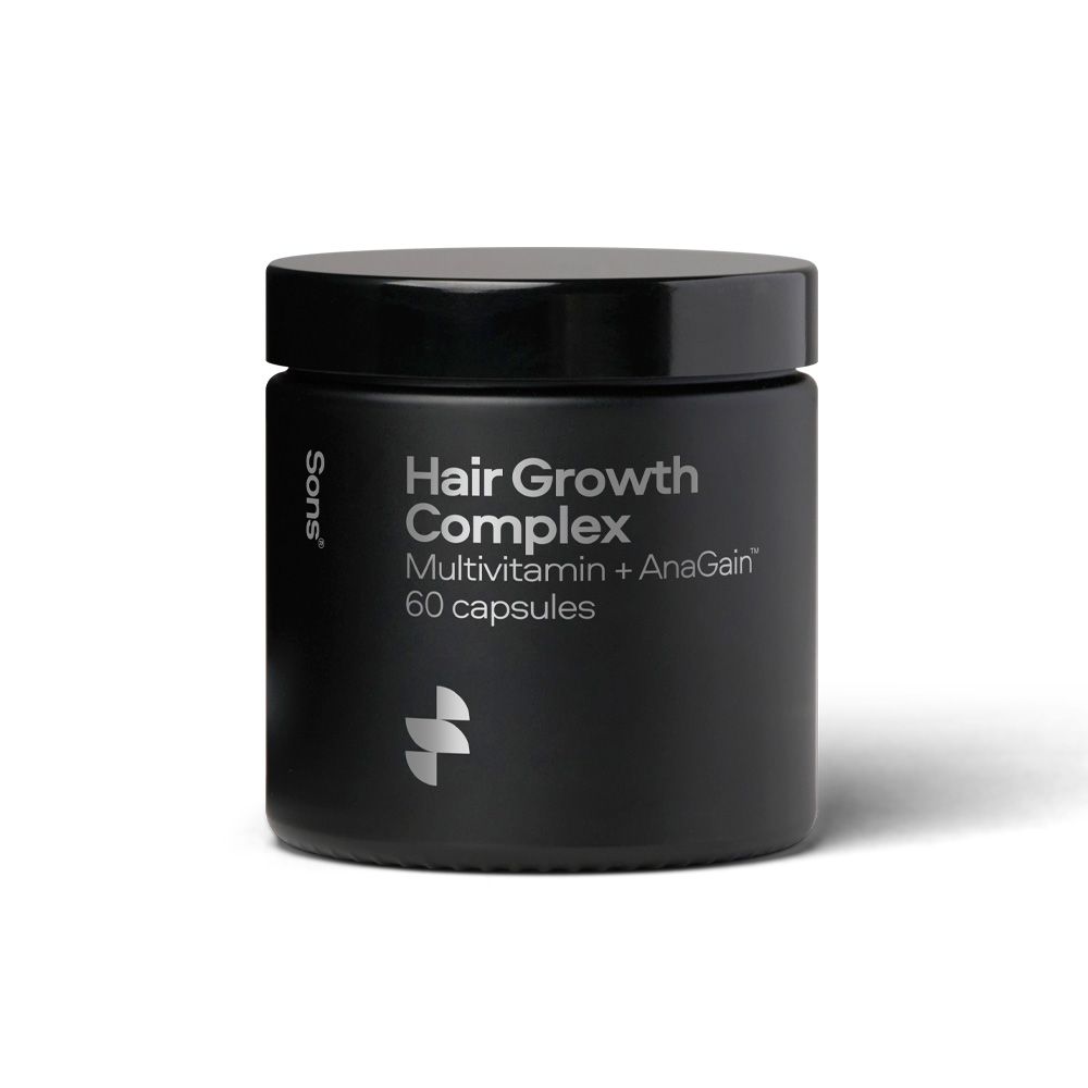Schwarze Dose mit Deckel. Aufschrift: Hair Growth Complex, Multivitamin + AnaGain, 60 Kapseln. Marke: Sons.