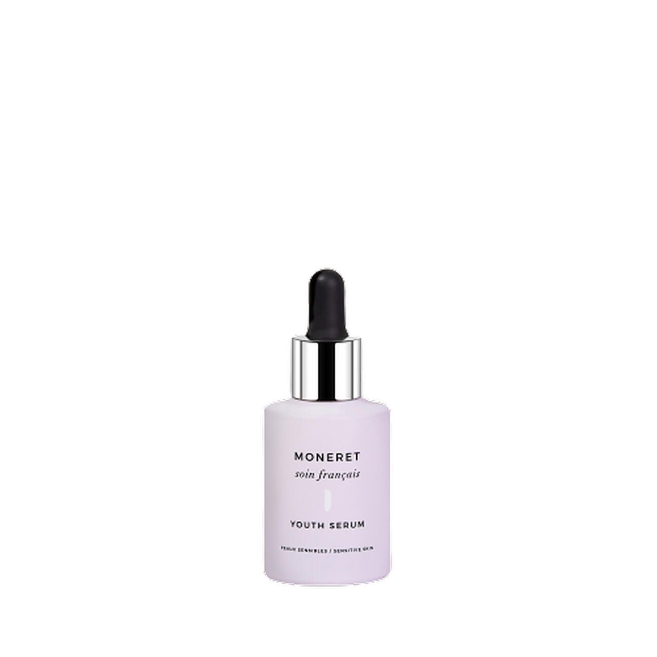 Flasche mit Tropfer. Aufschrift: Moneret, soin français, Youth Serum. Für empfindliche Haut.
