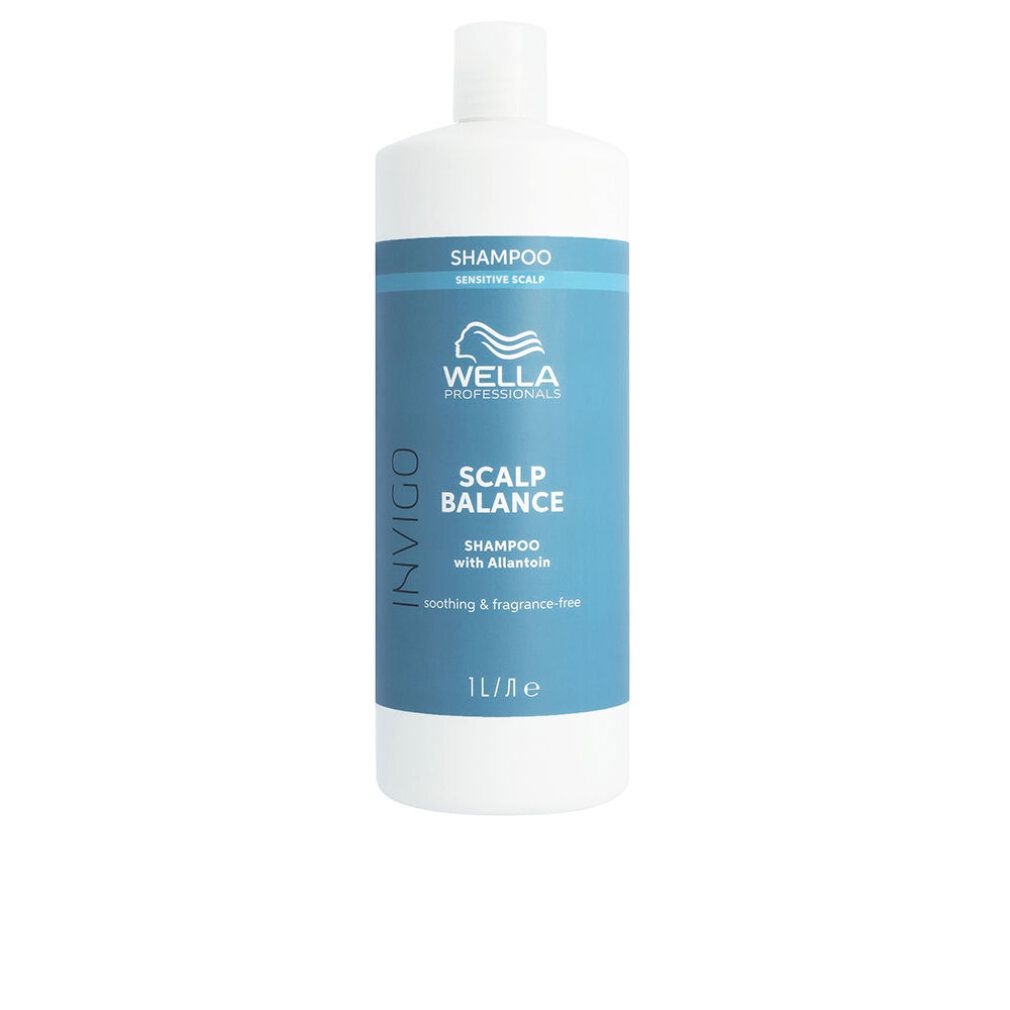 Weißes Shampoo mit blauem Etikett und weißem Deckel. Aufschrift: Shampoo, Wella, Invigo, Scalp Balance, mit Allantoin. 1L.
