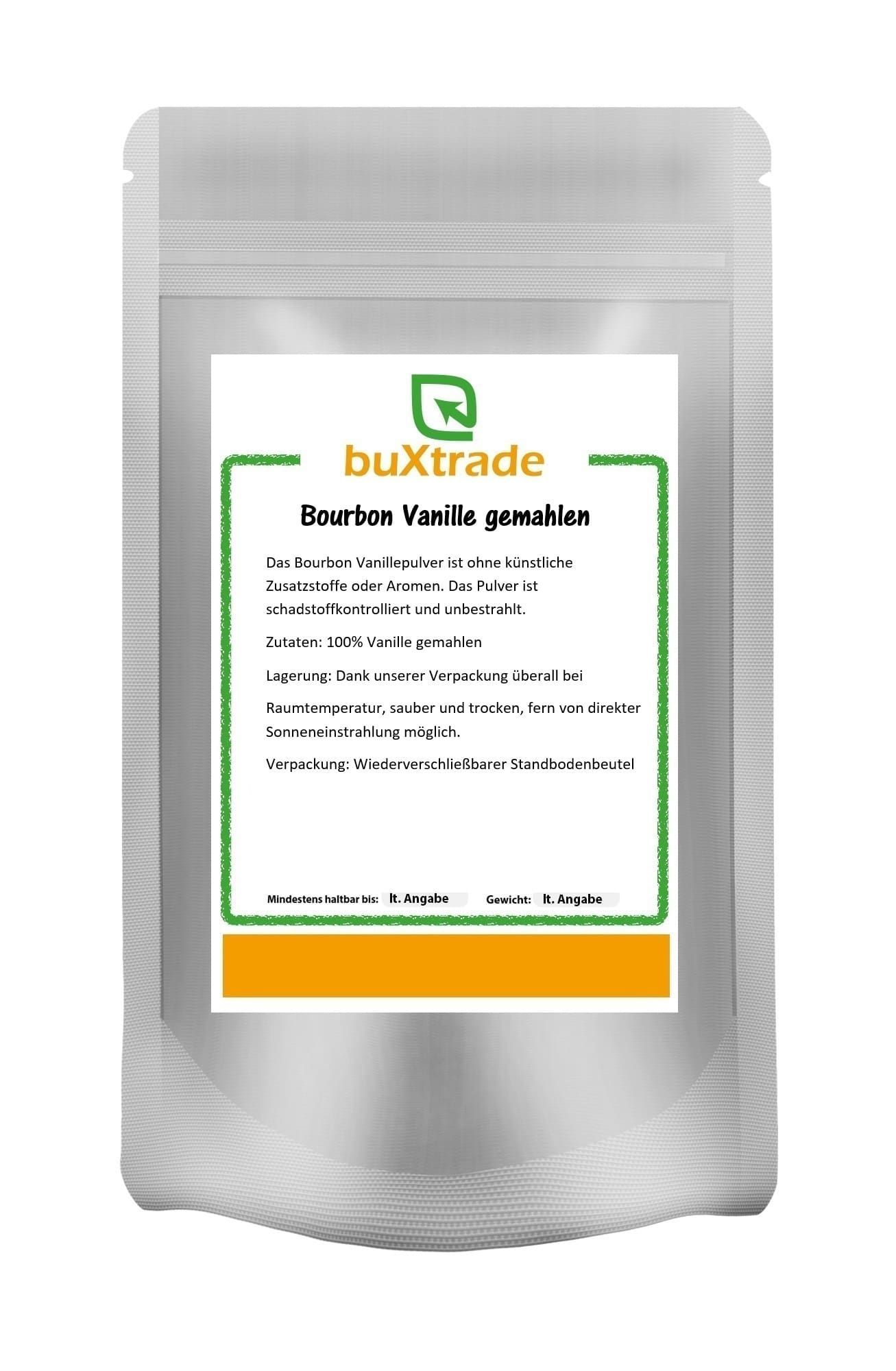 Verpackung von buXtrade Bourbon Vanille gemahlen. Wiederverschließbarer Standbodenbeutel mit Text.