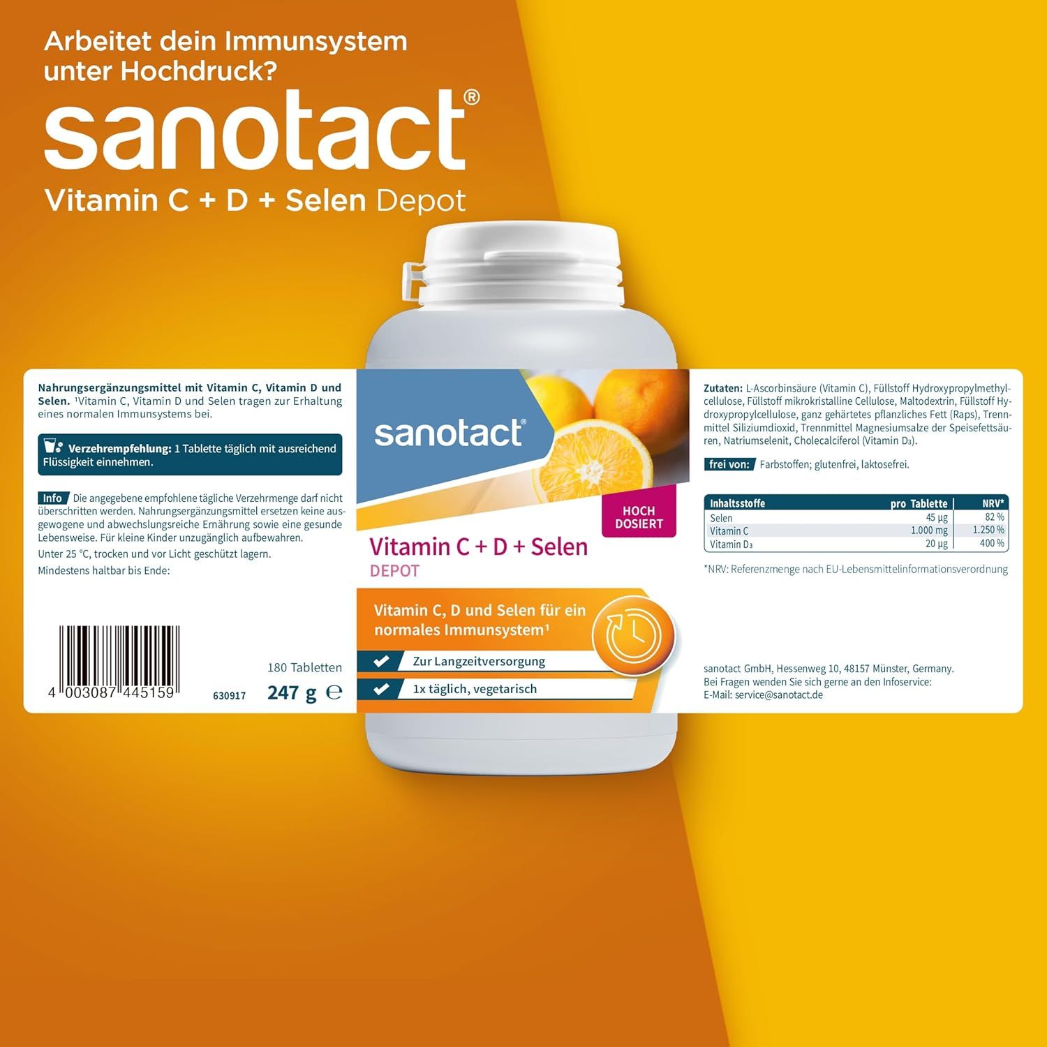 Weiße Flasche mit Etikett. Aufschrift: sanotact Vitamin C + D + Selen Depot. Enthält 180 Tabletten. Mit Zitronen-Abbildung.