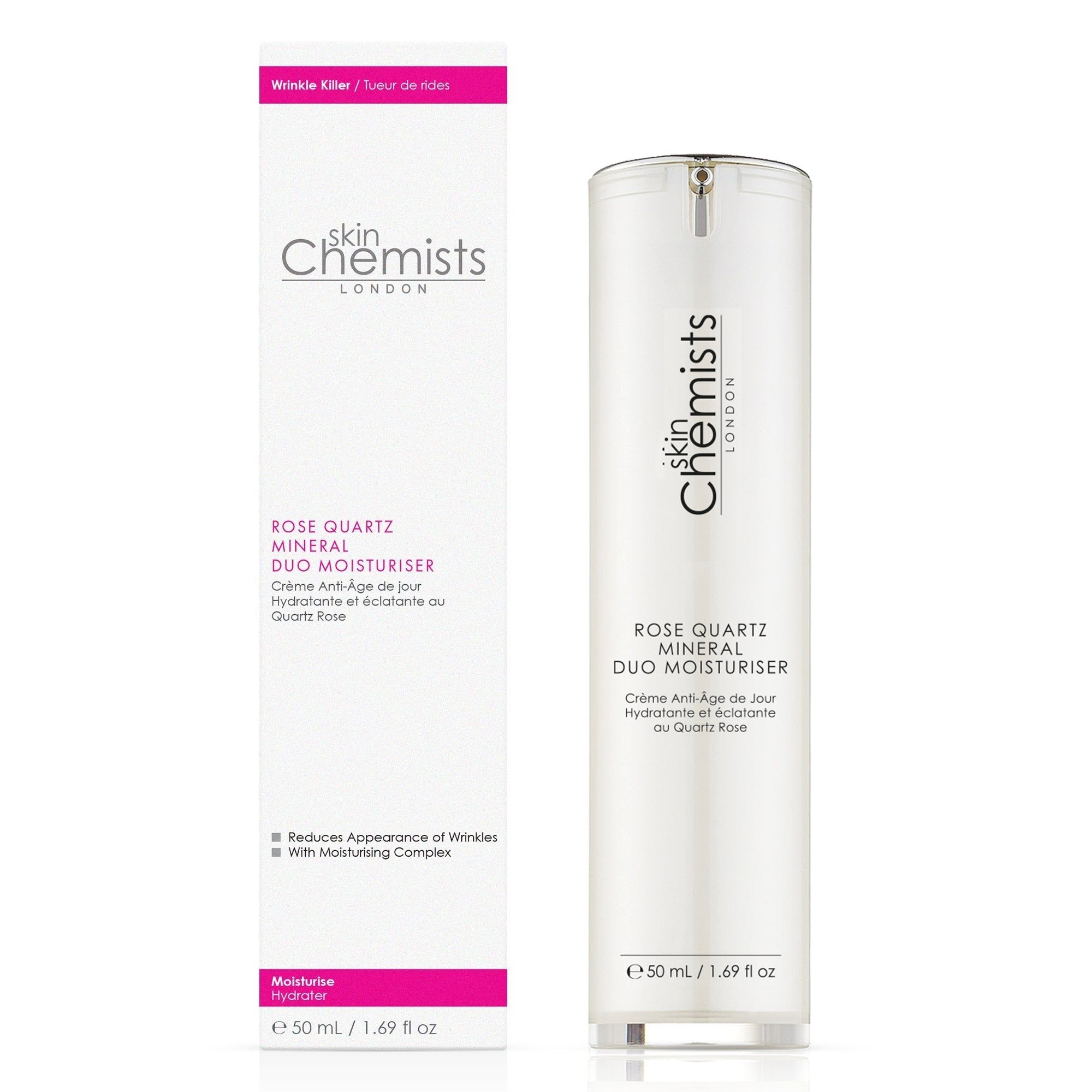 Produkt und Verpackung. Flasche mit 'skinChemists LONDON'. Text: 'Rose Quartz Mineral Duo Moisturiser'. Verpackung mit rosa Akzent.