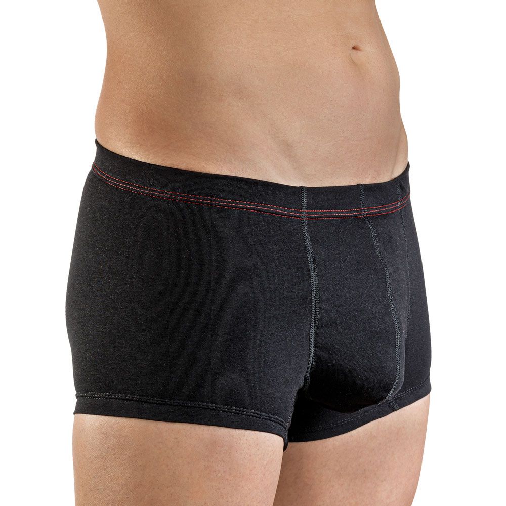 Schwarze Inkontinenz-Shorts für Herren. Roter Ziernähte am Bund. Seitenansicht.