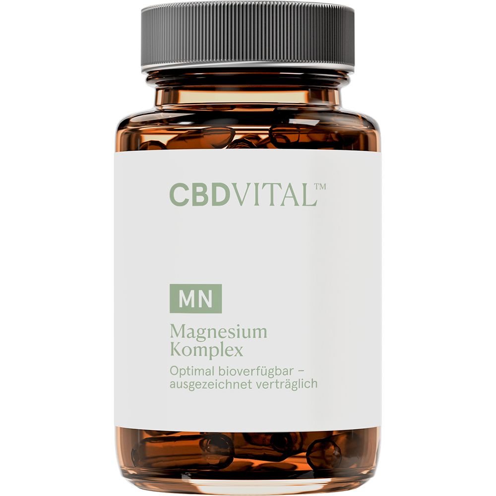 Braune Glasflasche mit Kapseln. Aufschrift: CBDVITAL, MN, Magnesium Komplex, Optimal bioverfügbar.