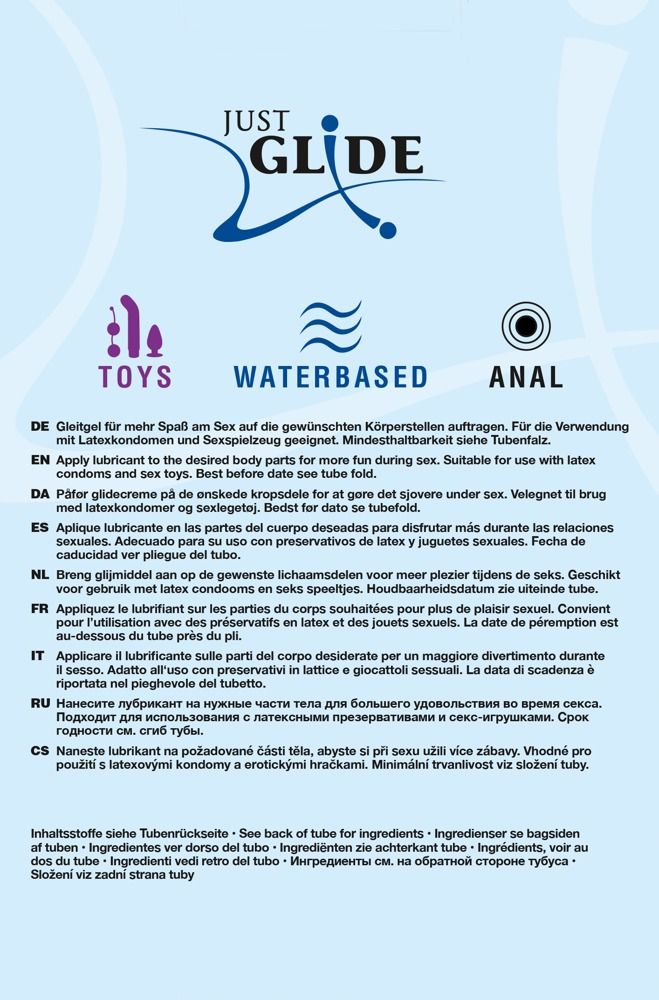 Text auf blauem Hintergrund. JUST GLIDE, Toys, Wasserbasiert, Anal. Gleitgel für mehr Spaß beim Sex.