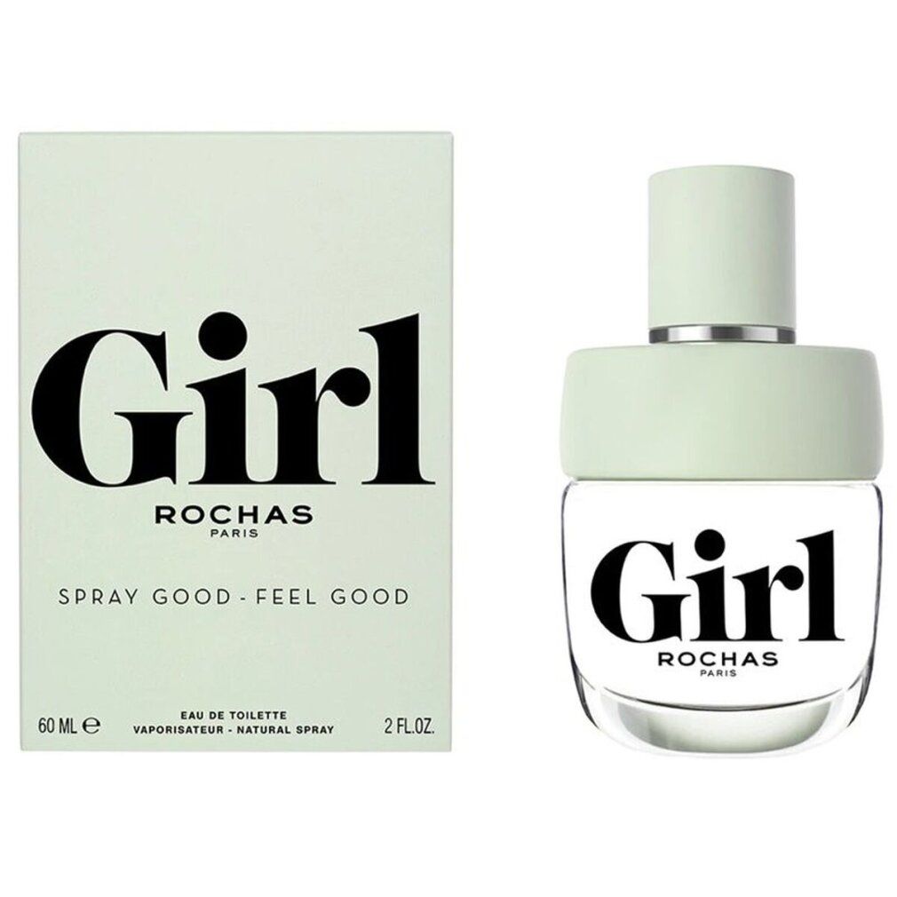 Glasflakon und Verpackung. Aufschrift "Girl", "Rochas", "Spray Good - Feel Good".