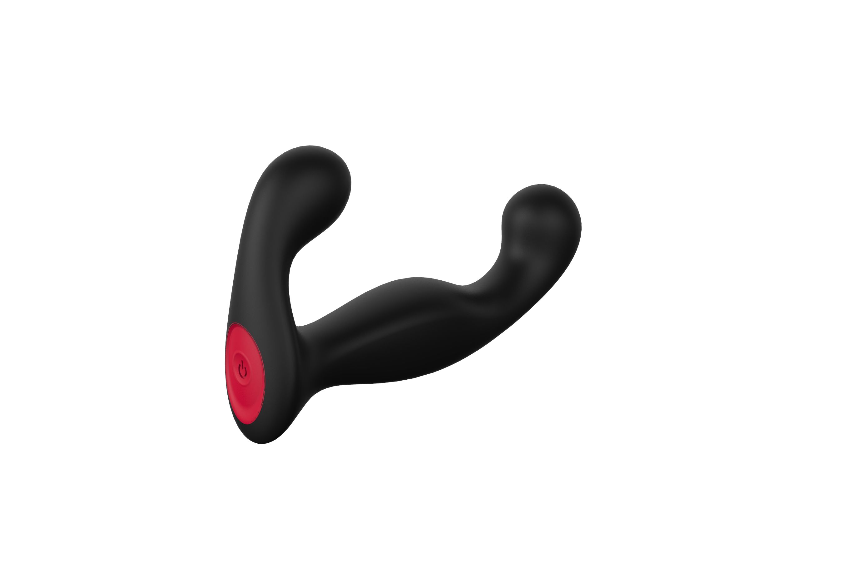 Schwarzer Vibrator mit rotem Knopf. Gebogene Form mit zwei abgerundeten Enden.