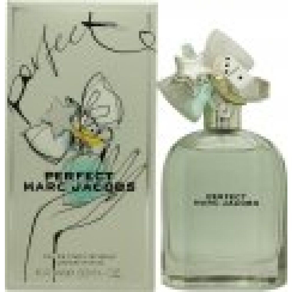 Flakon und Verpackung. Flakon hellgrün mit silbernem Verschluss. Verpackung mit Zeichnung und Text: PERFECT MARC JACOBS.