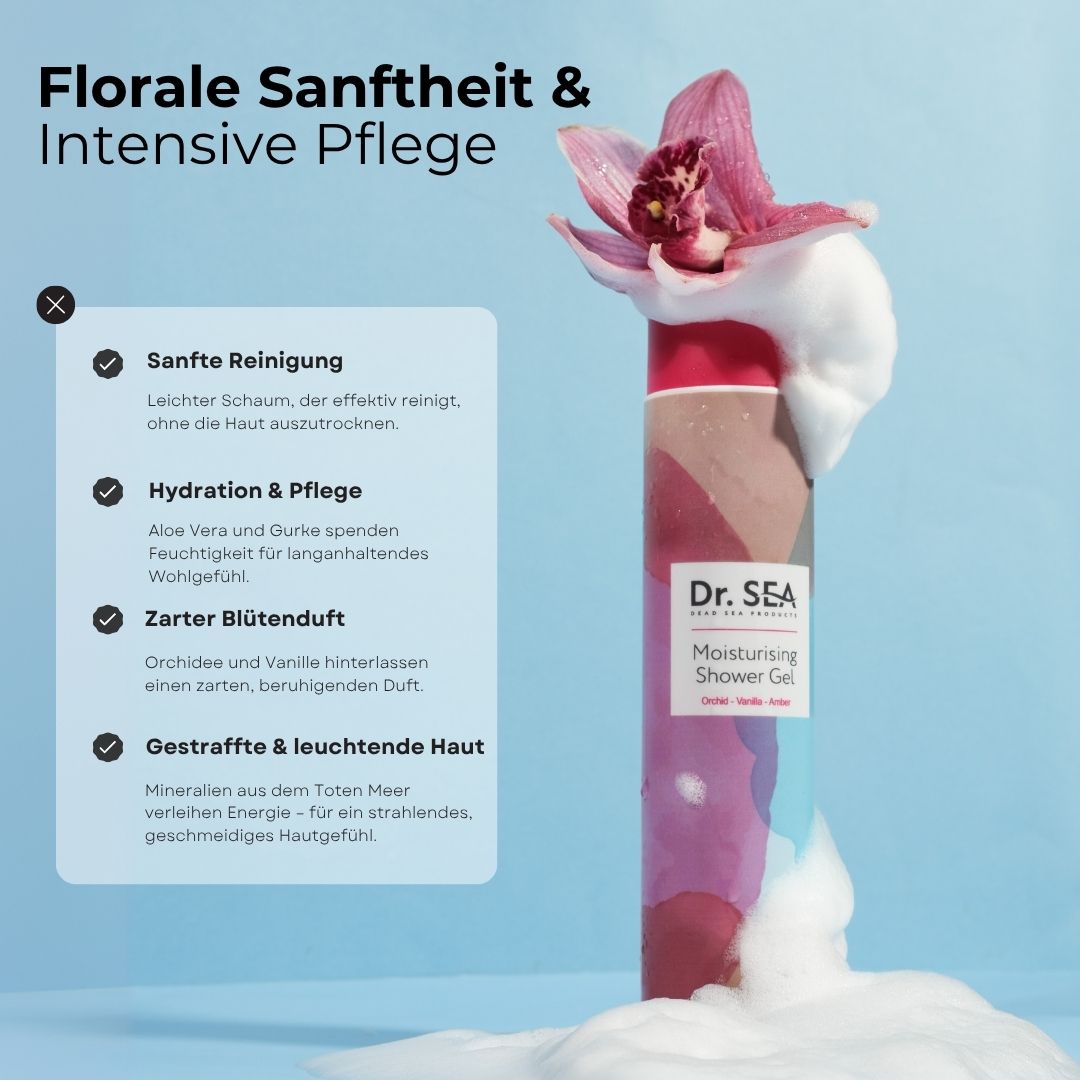 Flasche mit Schaum und Orchidee. Text: Sanfte Reinigung, Hydration & Pflege, Zarter Blütenduft, Gestraffte & leuchtende Haut. Dr. SEA.