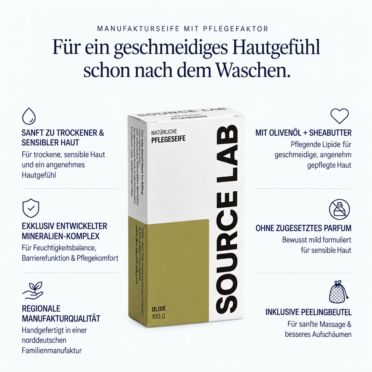 SOURCE LAB natürliche Pflegeseife Olive, 100g. Informationen zu Inhaltsstoffen und Herkunft.