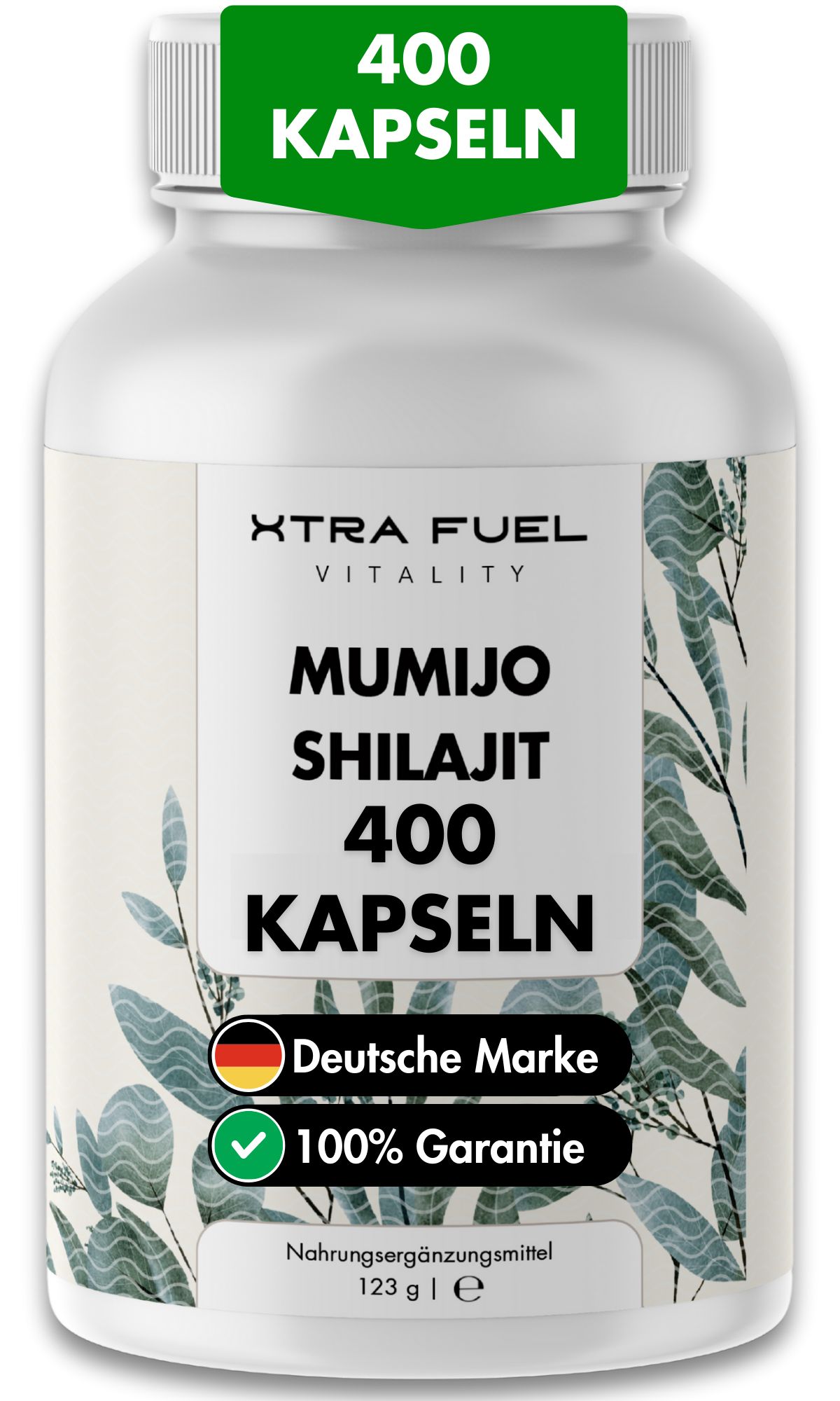 Weiße Flasche mit XTRA FUEL Mumijo Shilajit Kapseln. Text: 400 Kapseln. Deutsche Marke. 100% Garantie.