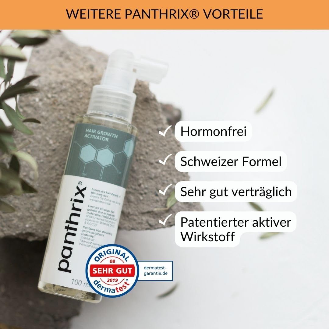 Produktflasche auf Stein. Text: Weitere Vorteile von Panthrix. Hormonfrei, Schweizer Formel, sehr gut verträglich.