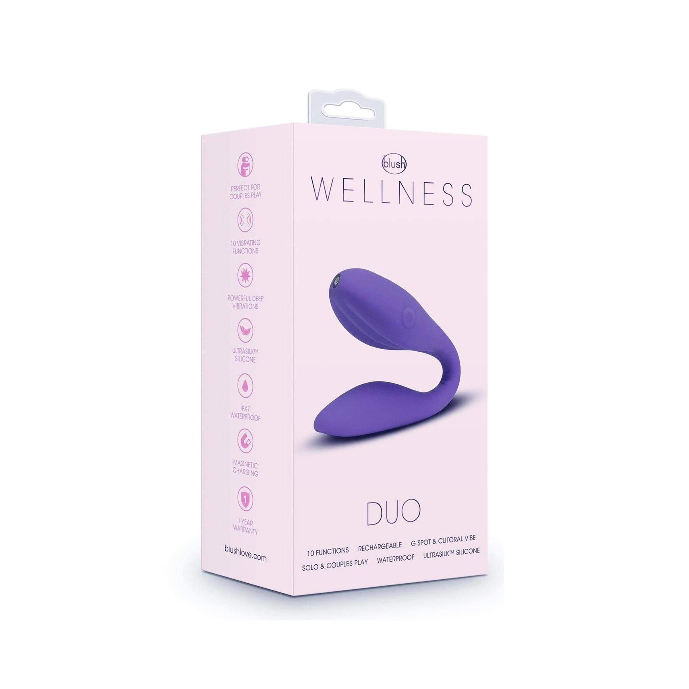 Verpackung für das Wellness Duo. Lila Produkt abgebildet. Aufschrift: Blush Wellness Duo.