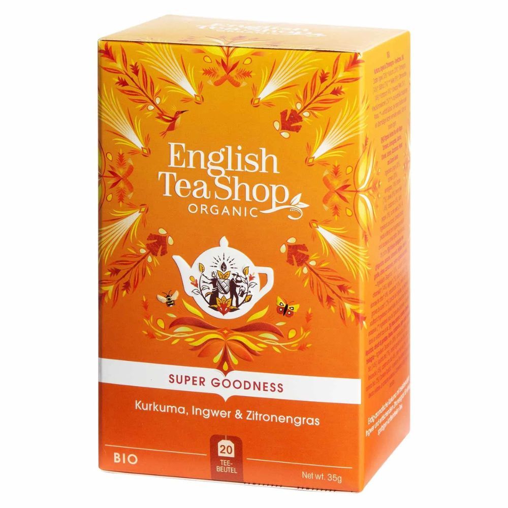 Orangefarbene Teebox mit Aufschrift English Tea Shop Organic. Enthält Kurkuma, Ingwer & Zitronengras Tee bio. BIO-Siegel.