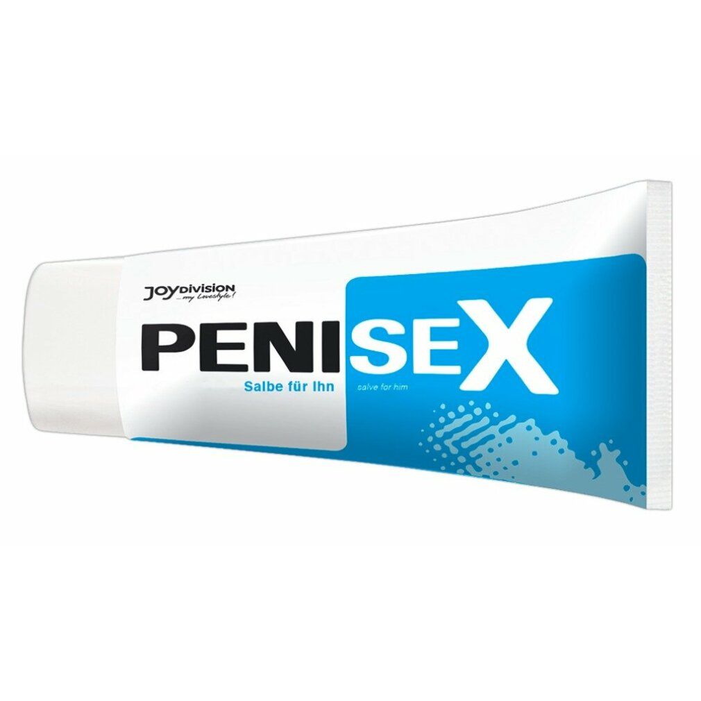 Penisex Salbe Tube. Weiß mit blauem Streifen. Produktname und Text. Enthält Logo und Produktinformationen.