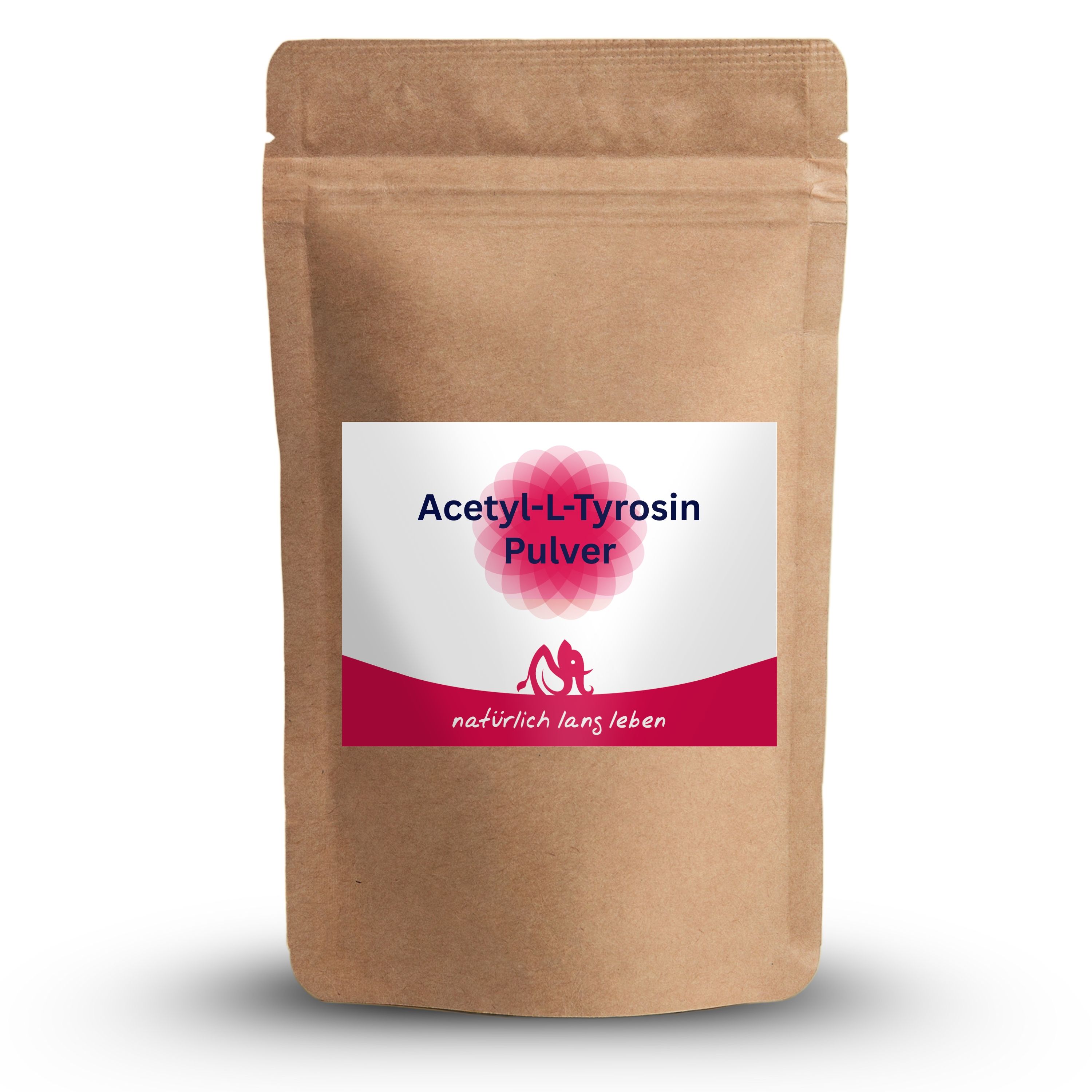 Braune Tüte mit Etikett. Aufschrift: Acetyl-L-Tyrosin Pulver. Logo mit Schriftzug: natürlich lang leben.