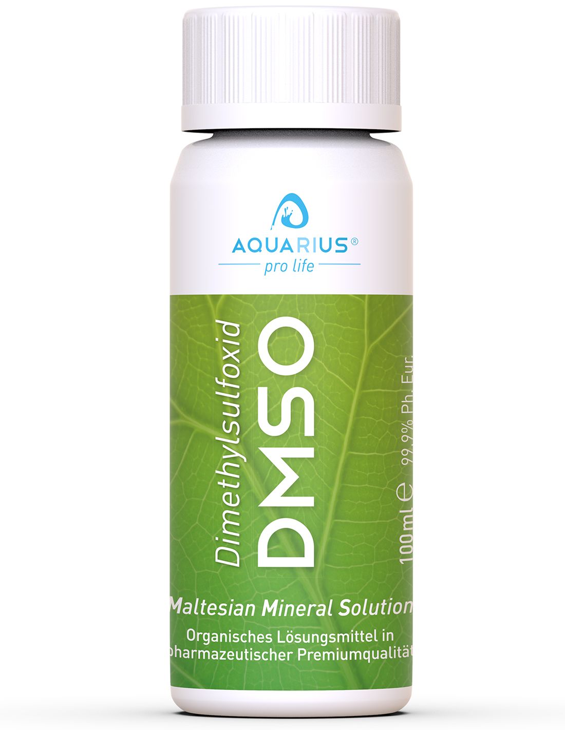 Flacone con etichetta verde. Scritta: DMSO, Dimetilsolfossido, AQUARIUS pro life. 99,9% Ph. Eur. Soluzione minerale maltese.