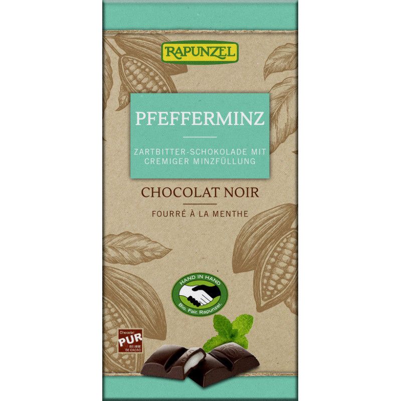 Verpackung Zartbitterschokolade mit Pfefferminzfüllung. Marke Rapunzel. Text: Pfefferminz, Chocolat Noir, Hand in Hand, Bio, Fair, PUR.