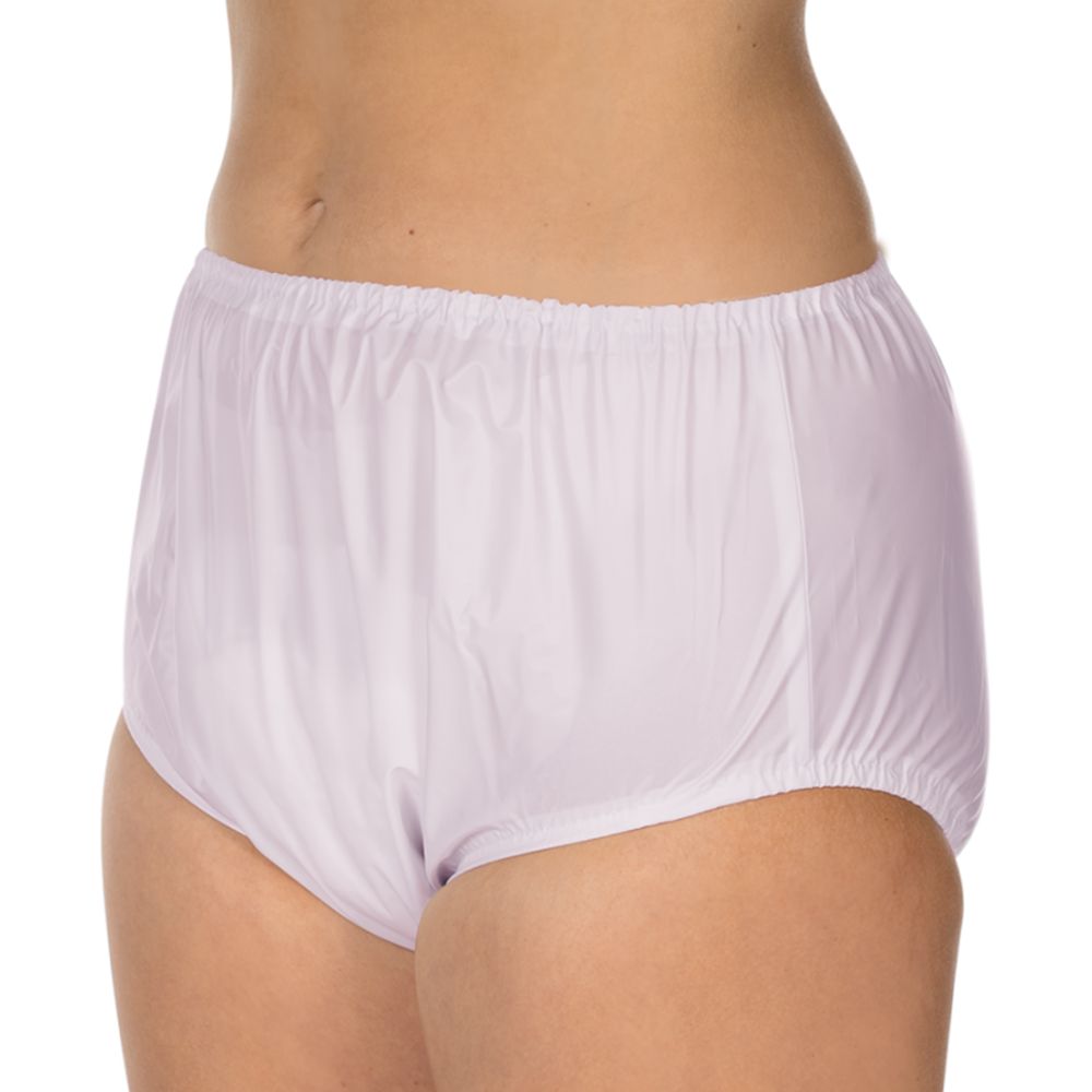 Weißer PVC-Slip mit verschweißten Seitennähten. Elastischer Bund. Feuchtigkeitsundurchlässig.