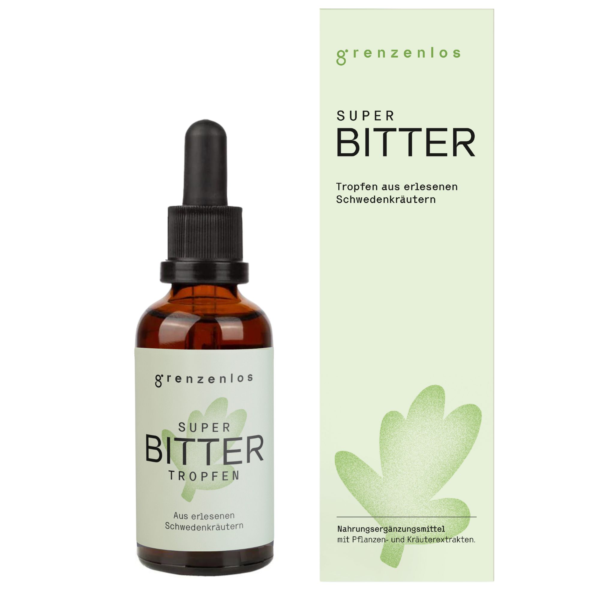 Braune Glasflasche mit Pipette und weißem Etikett. Daneben eine grüne Verpackung mit Produktinformationen.
