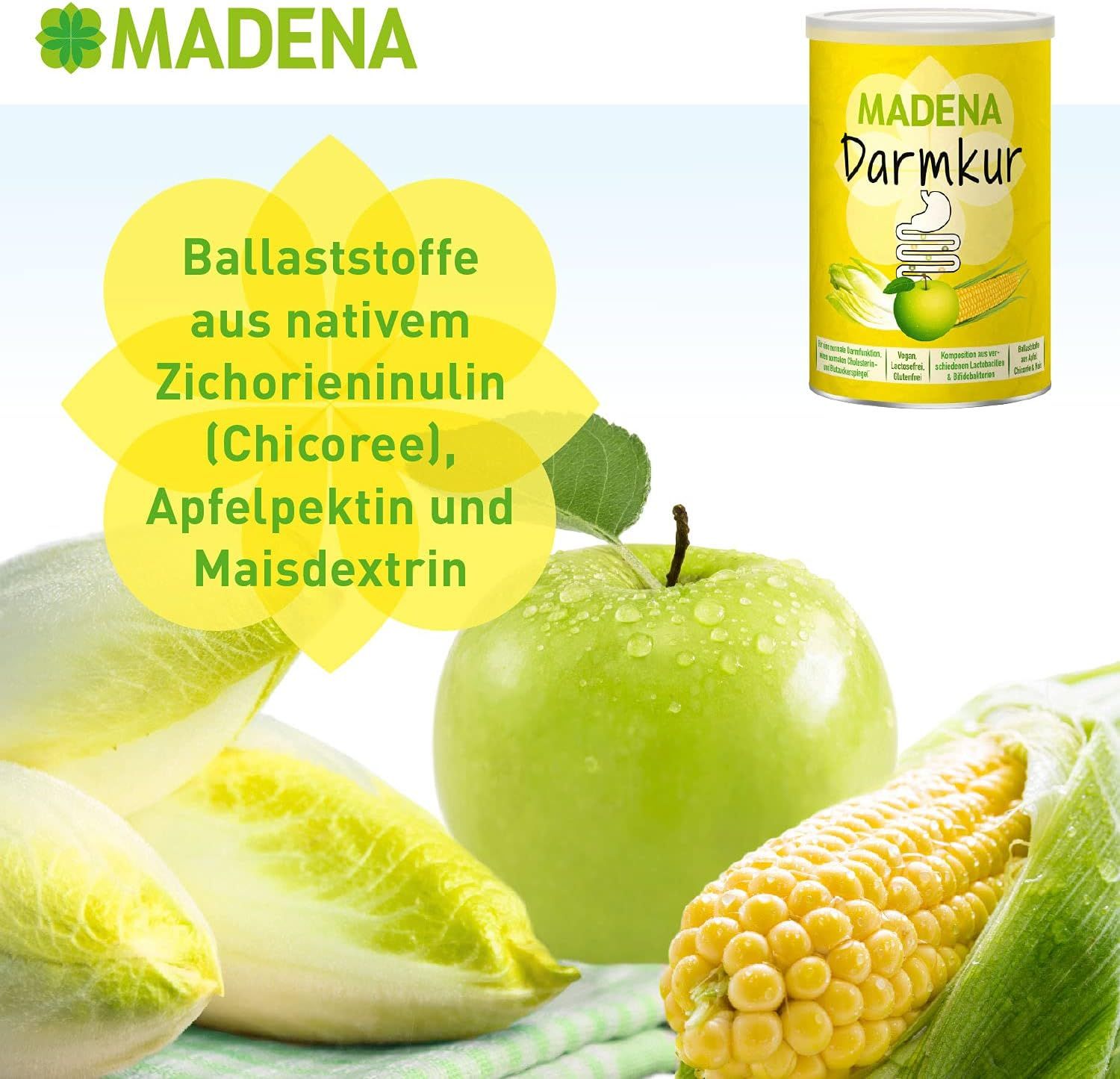 Nahaufnahme von Apfel, Chicorée und Maiskolben. Dose MADENA Darmkur im Hintergrund. Gelber Hintergrund mit Text: Ballaststoffe aus Zichorieninulin, Apfelpektin und Maisdextrin.