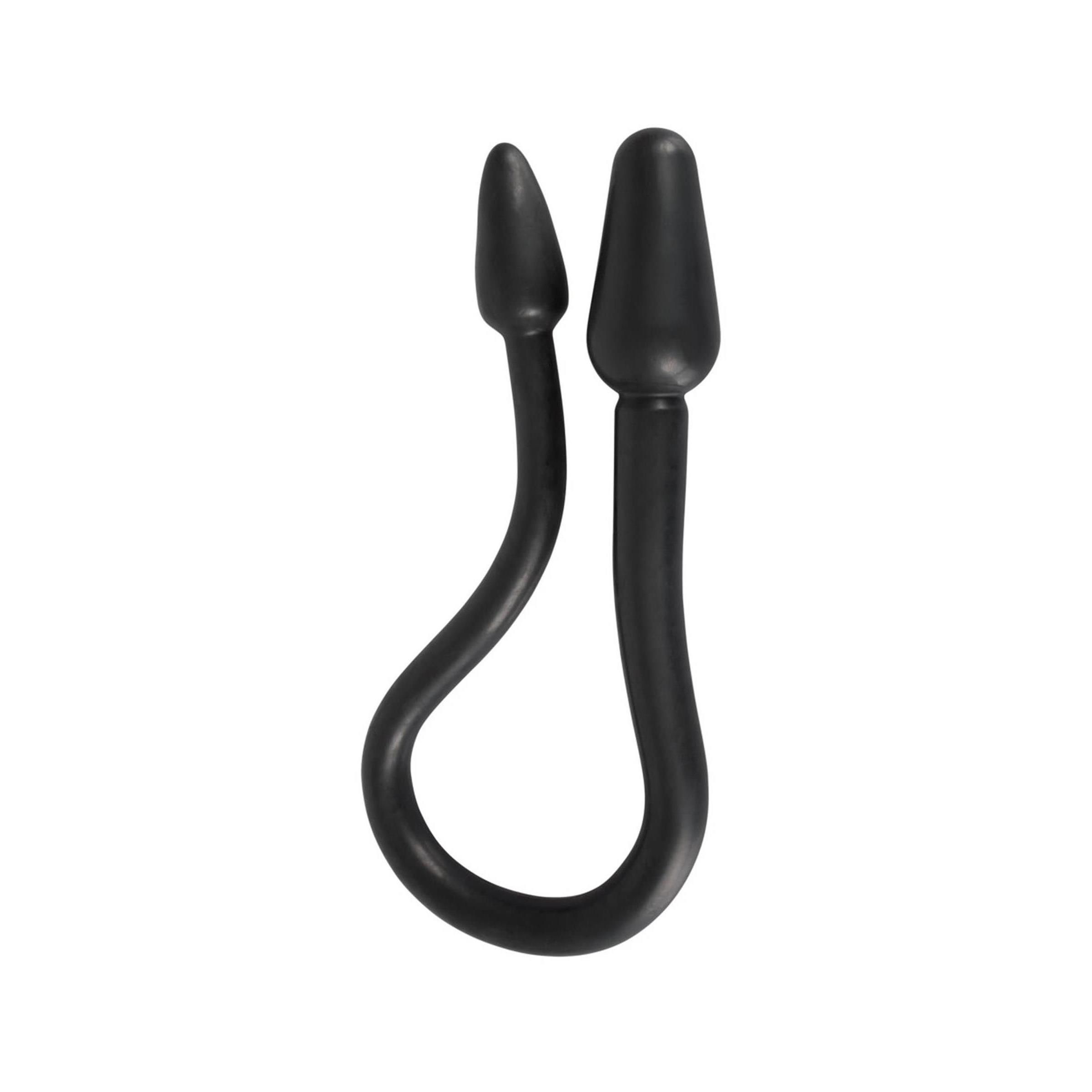Schwarzer Doppeldildo mit zwei konischen Enden, verbunden durch einen gebogenen Schaft.