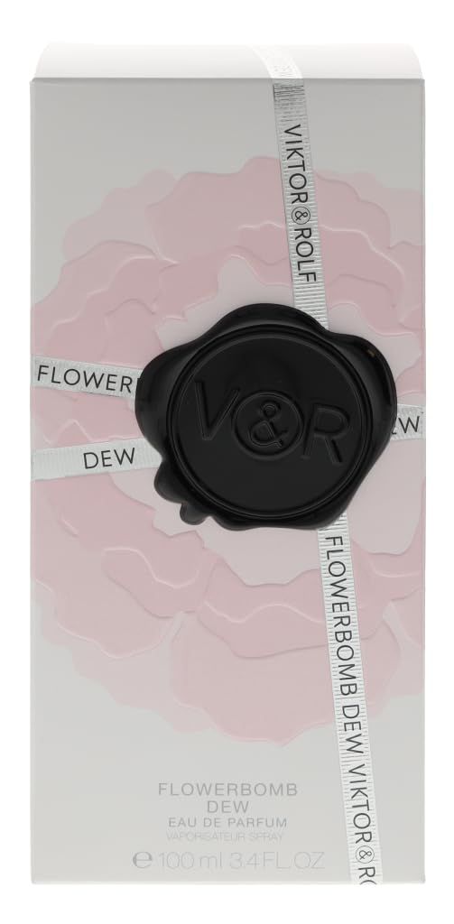 Verpackung mit rosa Blumenmuster, weißem Hintergrund und schwarzem Siegel. Text: Flowerbomb Dew, Viktor & Rolf.