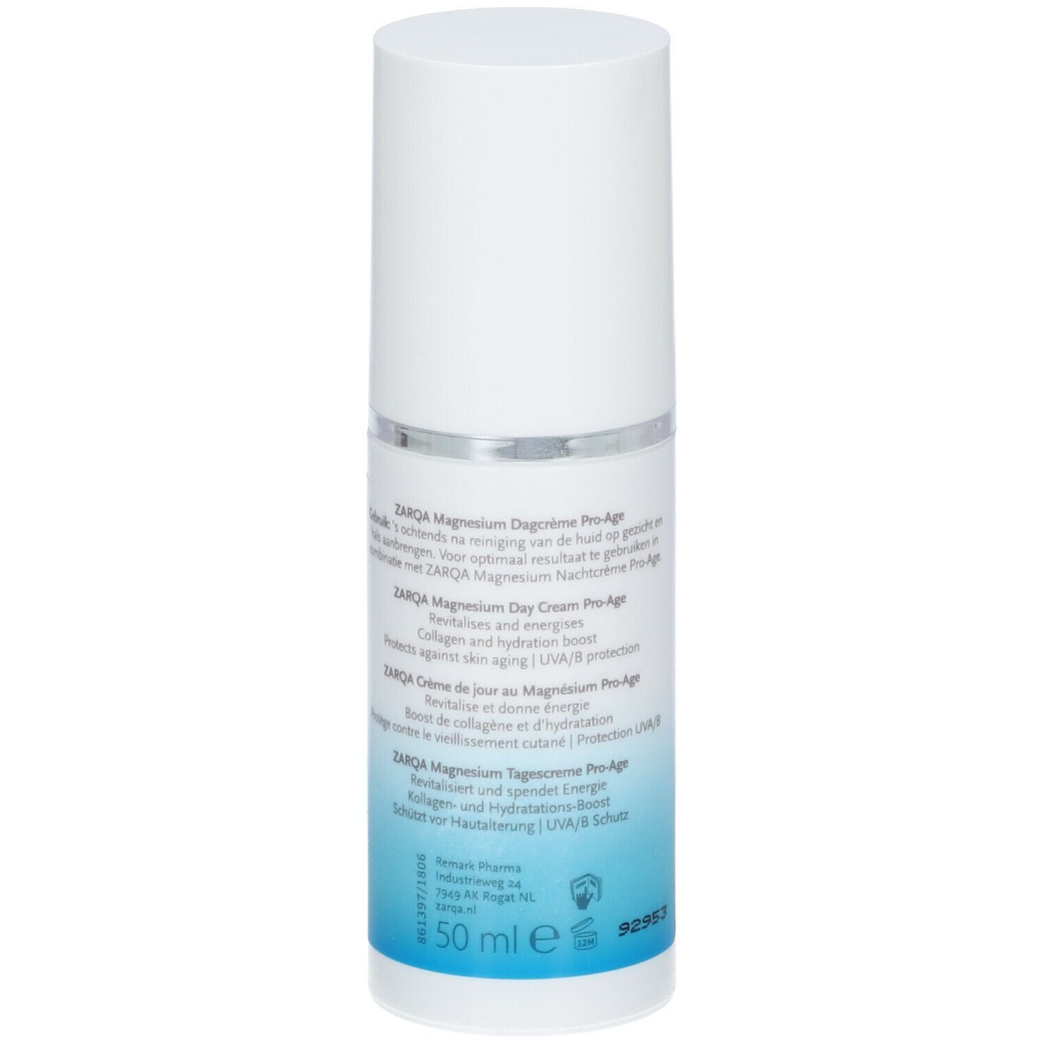 Flacon blanc ZARQA Magnesium Crème de jour Pro-Age. Texte: Magnesium, Pro-Age, 50 ml, ingrédients.