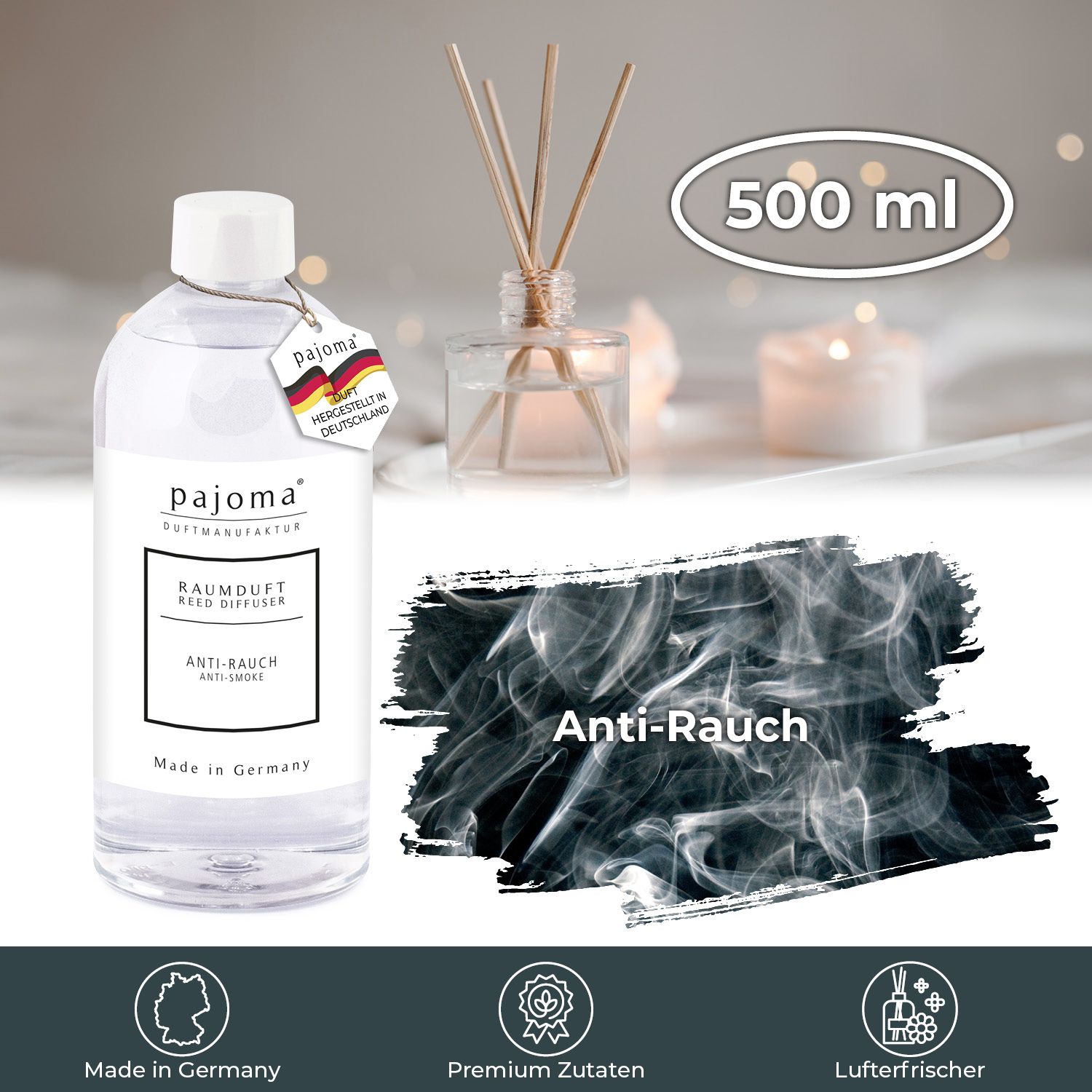 Klare Flasche mit pajoma®-Etikett, Anti-Rauch-Aufschrift, daneben Duftstäbchen und Rauch-Grafik. 500 ml.