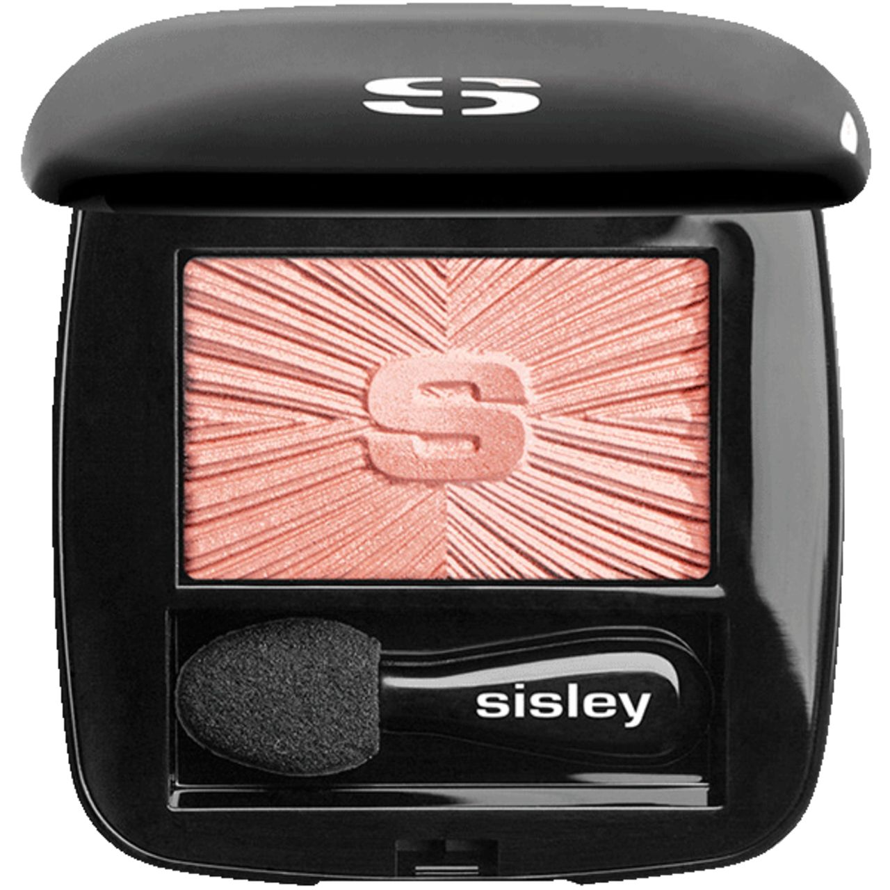 Schwarzer Lidschattenbehälter mit Sisley-Logo. Enthält einen rosafarbenen Lidschatten und einen Applikator mit Sisley-Schriftzug.