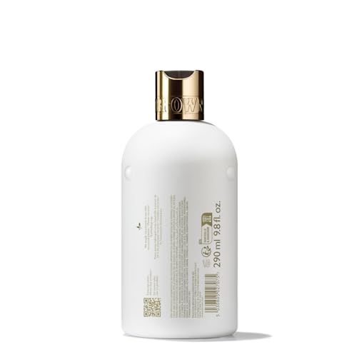 Rückseite einer weißen Molton Brown Flasche mit Produktinformationen und Barcode.