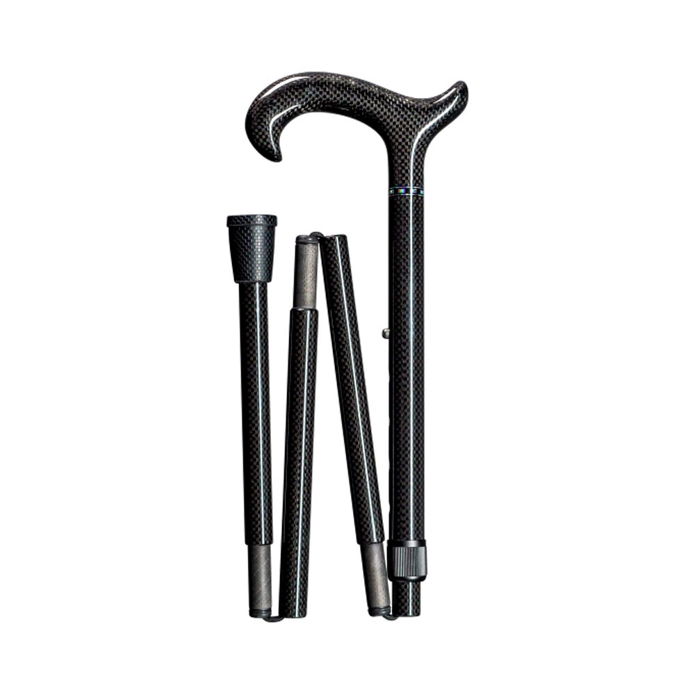Gehstock aus Carbon, Derby-Griff, zusammengeklappt. Schwarze Farbe mit Karbonmuster. Höhenverstellbar.