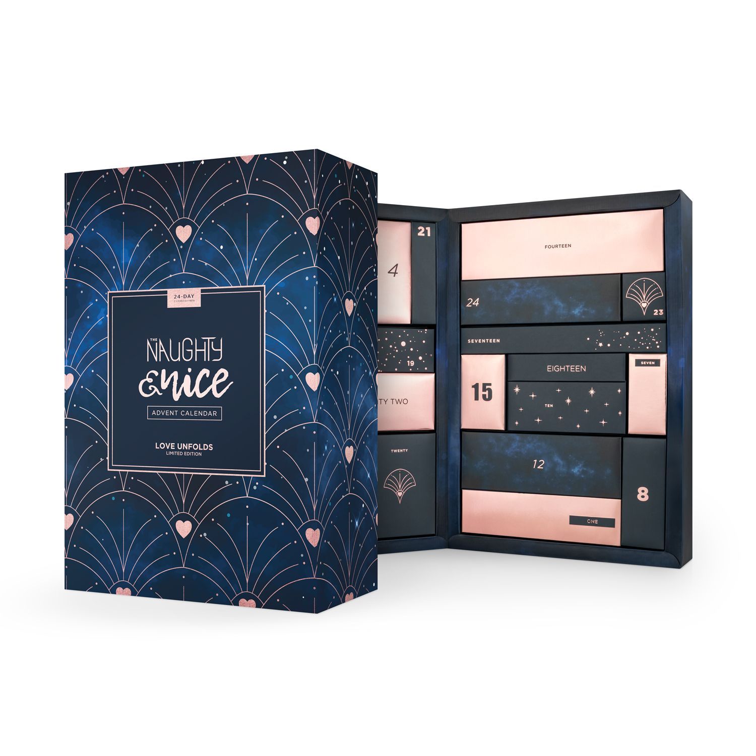 Adventskalender mit geöffneten Türen. Blaue und rosafarbene Elemente. Aufschrift: Naughty & Nice Adventskalender.