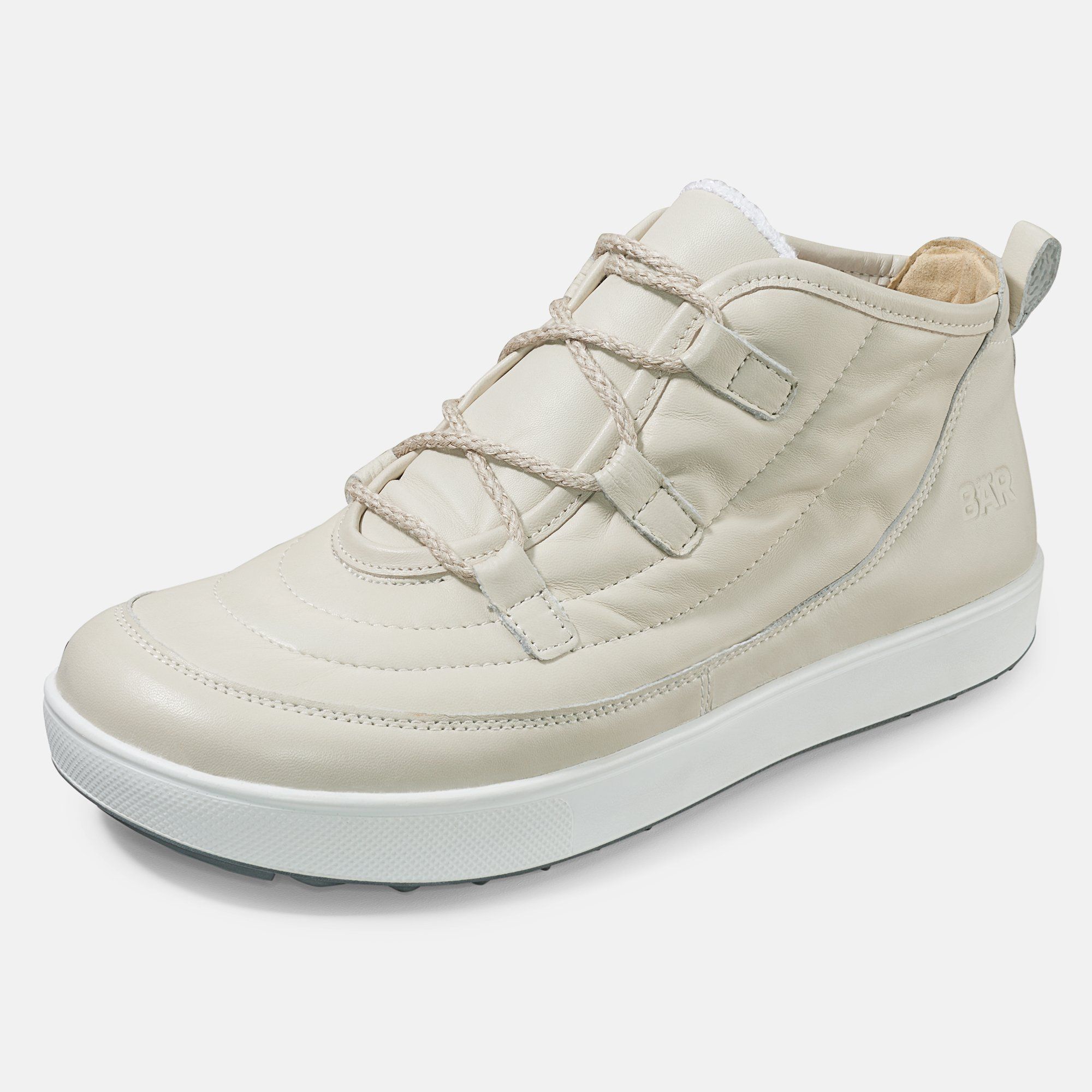 Beige Stiefelette mit Schnürsenkeln und weißer Sohle. Gepolstertes Obermaterial. Logo auf der Seite.