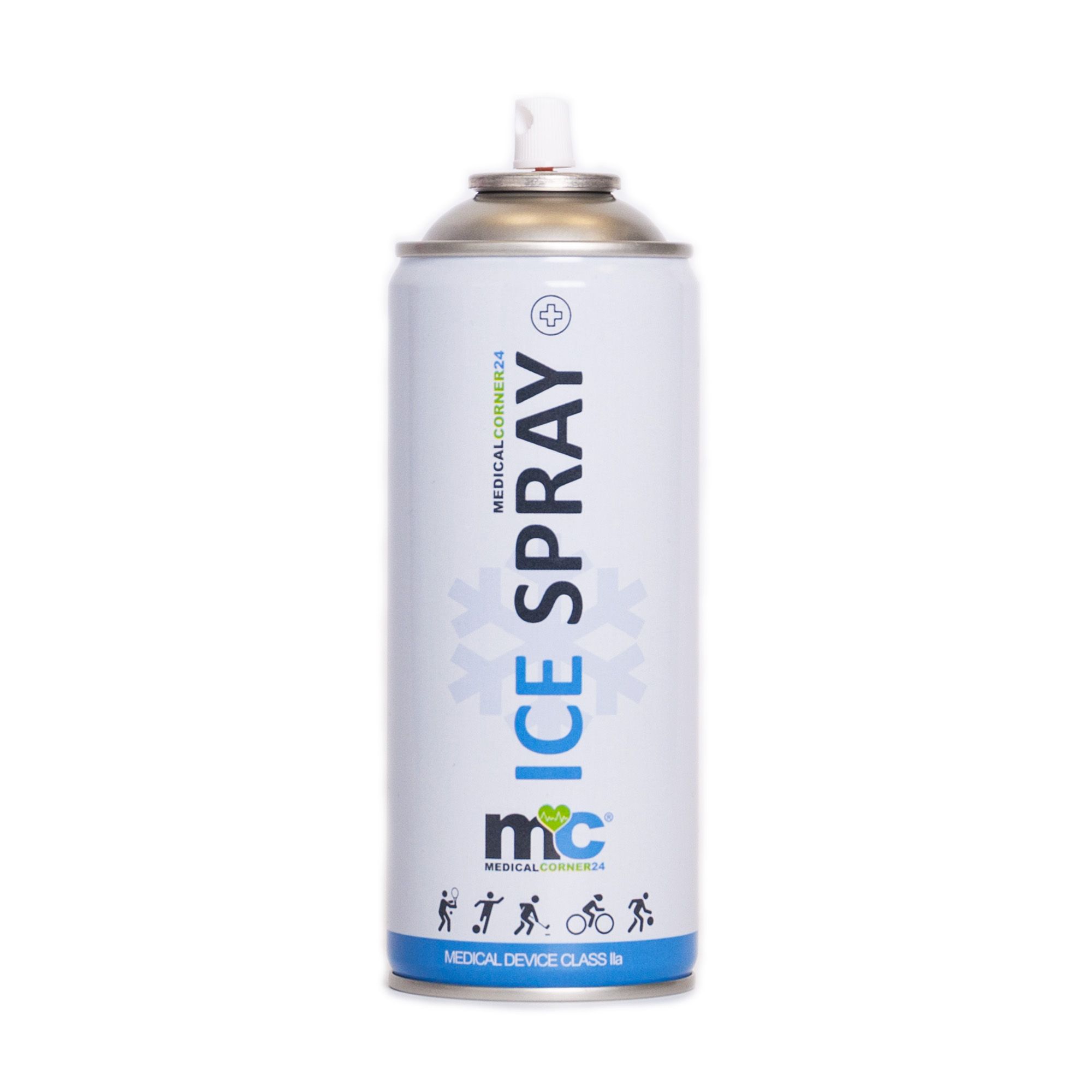 Kältespray-Dose mit silbernem Sprühkopf und weißem Deckel. Aufschrift: ICE SPRAY, MEDICALCORNER24, Piktogramme. Medizinprodukt.