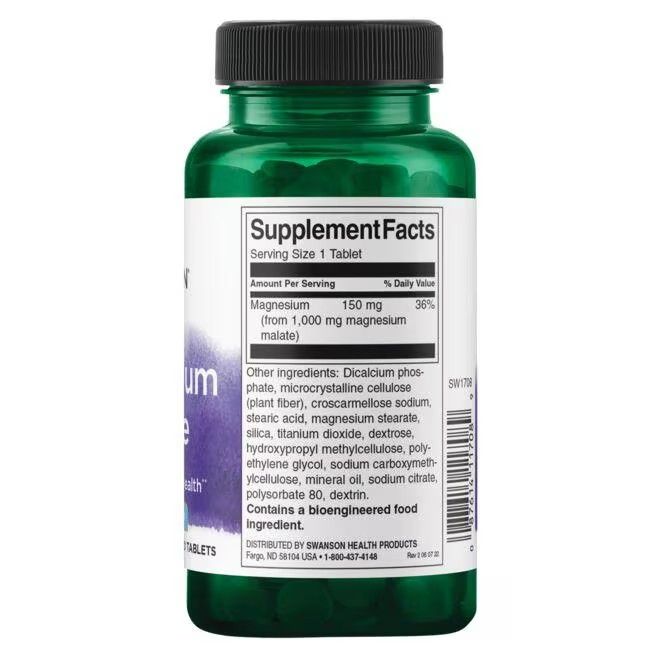 Rückansicht einer grünen Flasche mit schwarzem Deckel. Etikett mit Nährwertangaben. Enthält 150 mg Magnesium pro Portion.